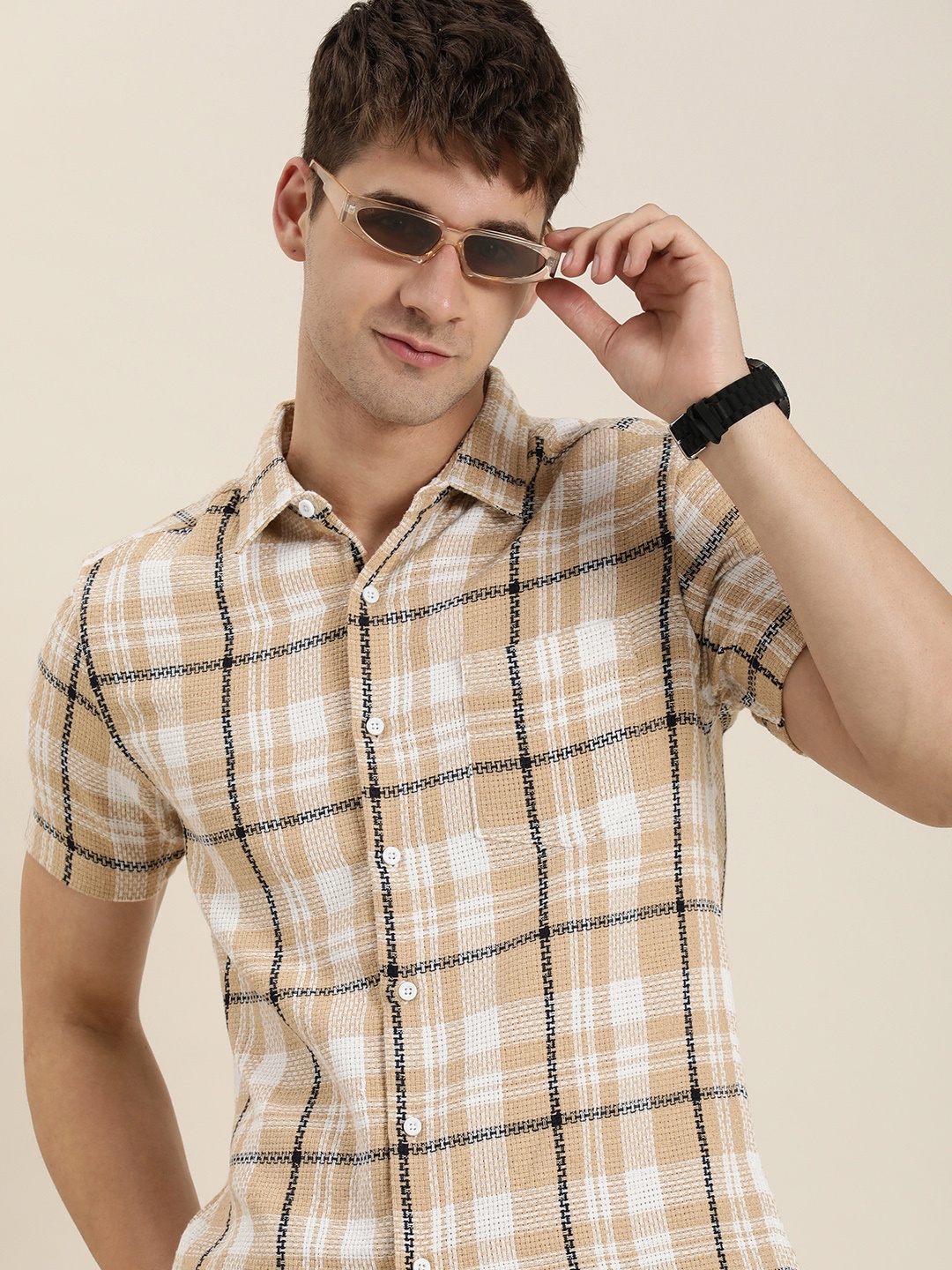 

HERE&NOW Men Slim Fit Checked Casual Shirt, Beige