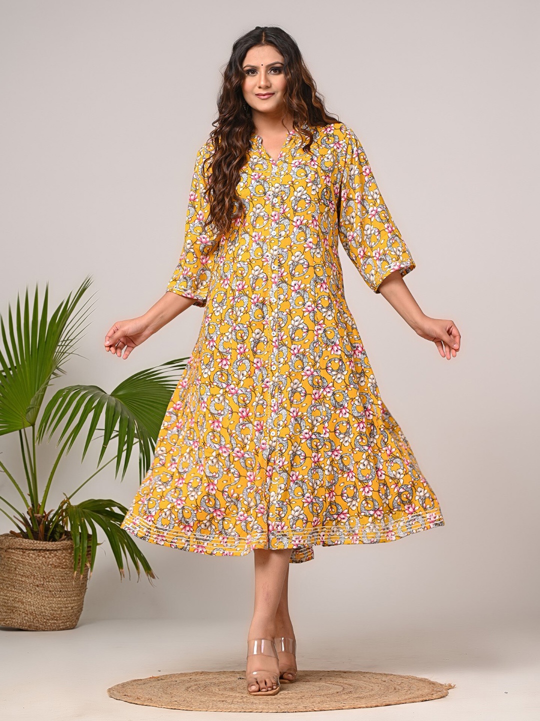 

Swasti Floral Printed A-Line Midi Dress, Yellow
