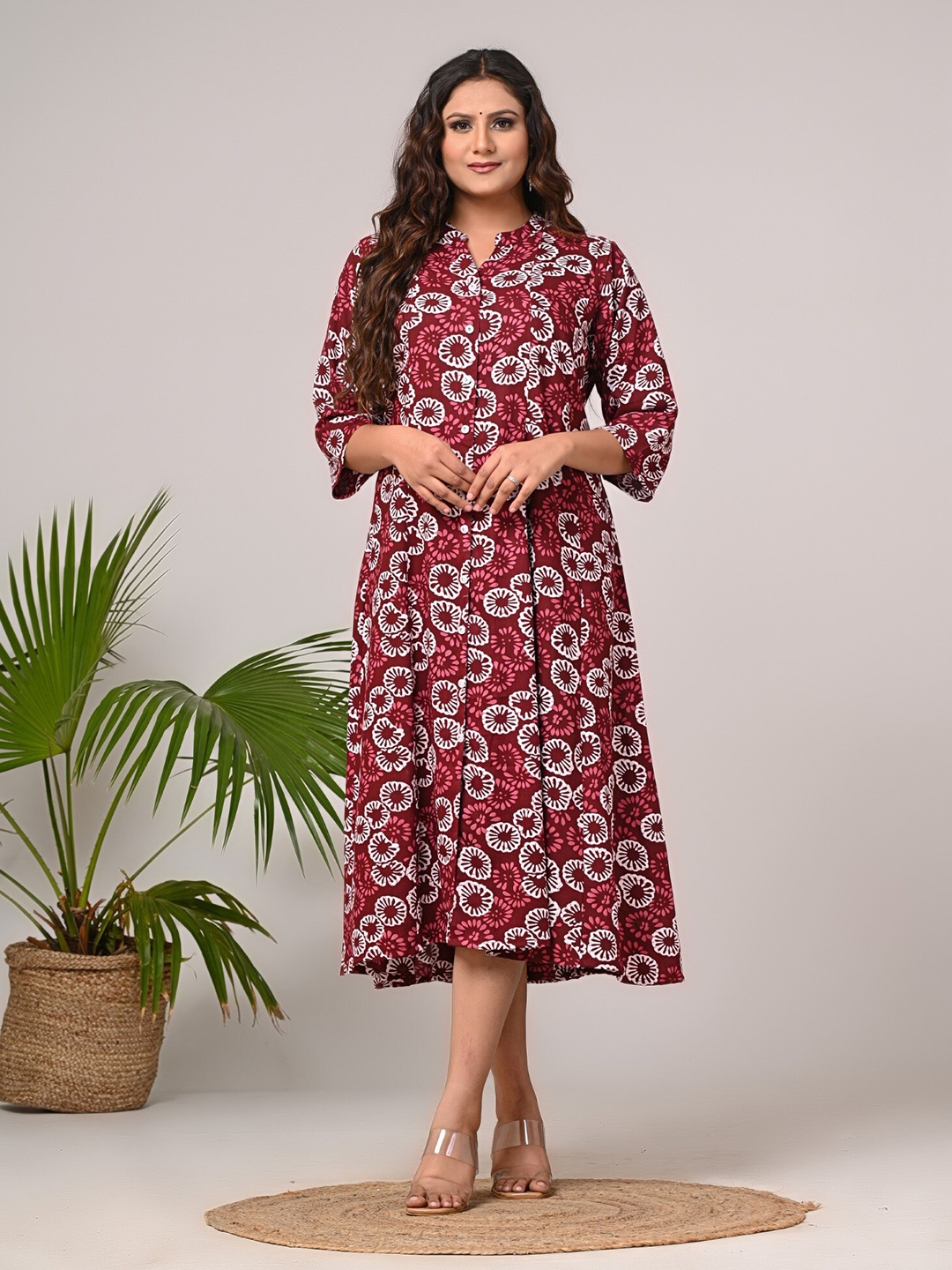 

Swasti Floral Printed Mandarin Collar A-Line Midi Dress, Maroon