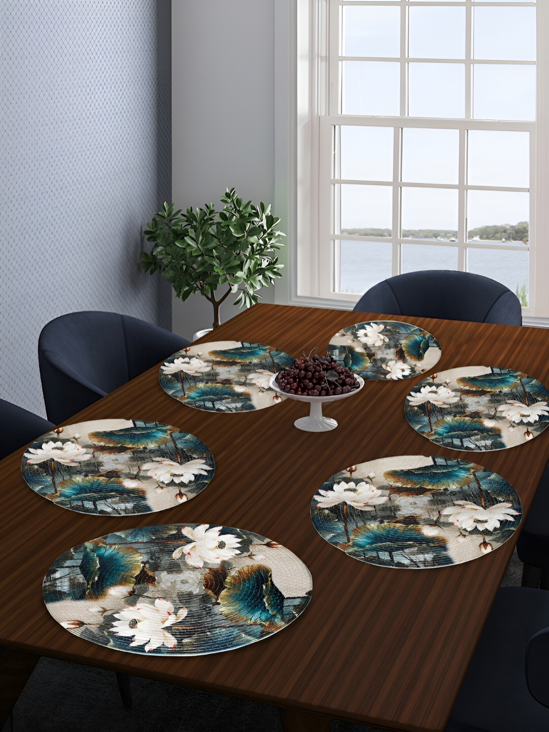 

FABINALIV Blue & Beige 6 Pieces Floral Braided Cotton Table Placemats