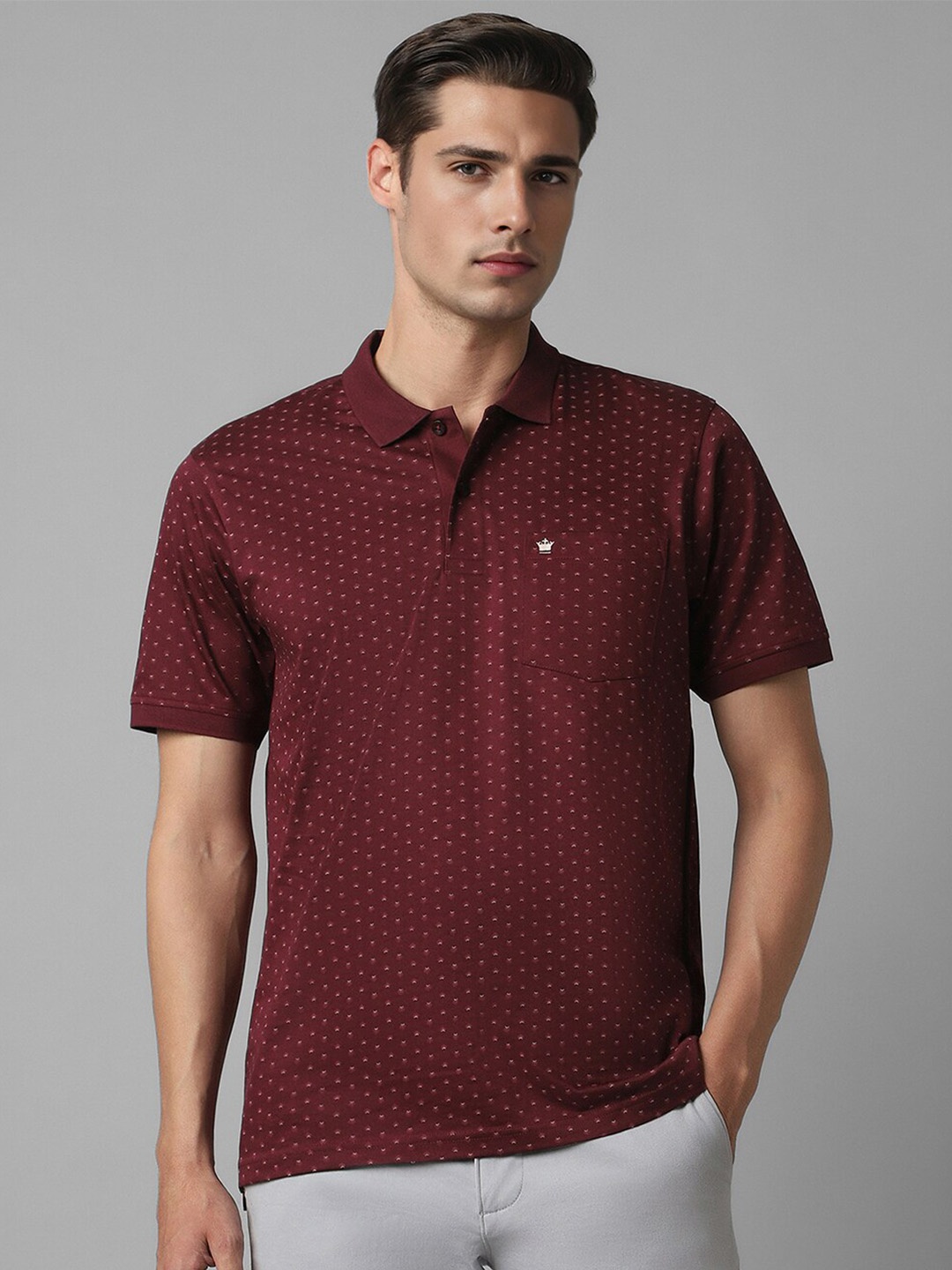 

Louis Philippe Polo Collar Micro ditsy Print Cotton T-shirt, Maroon