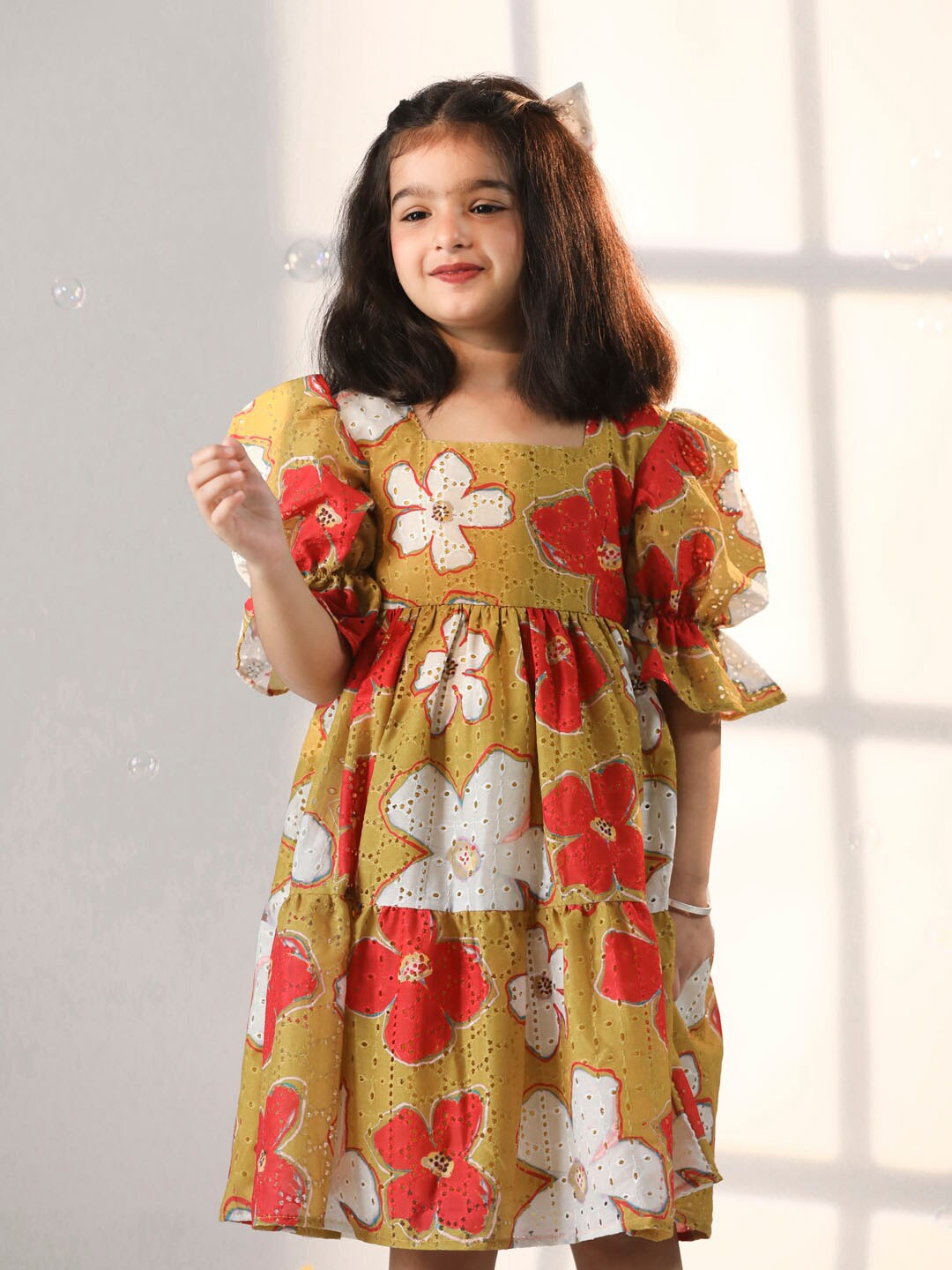 

VASTRAMAY Girls Floral Printed Square Neck Tiered Cotton Schiffli Empire Dress, Mustard