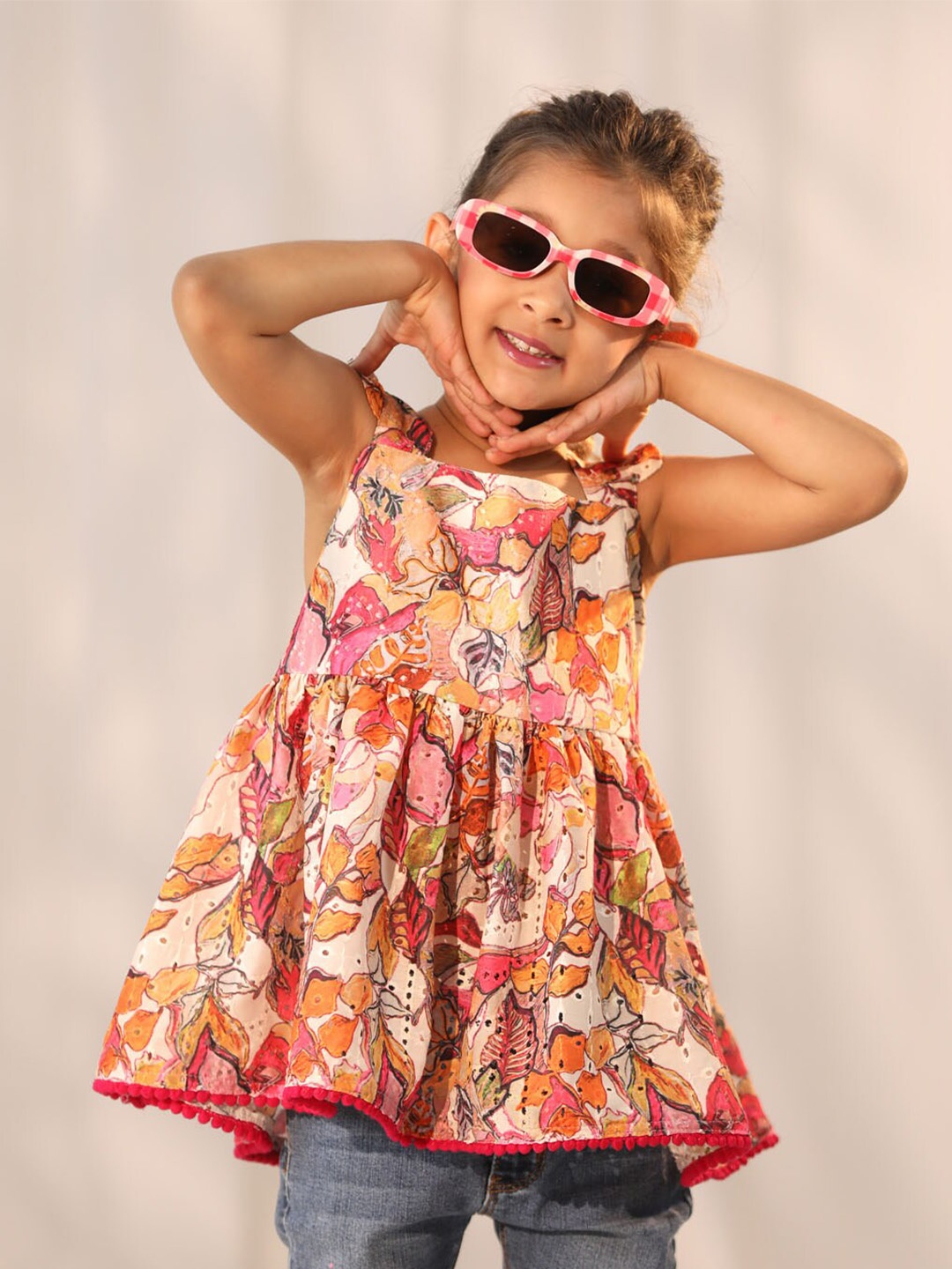 VASTRAMAY Girls Floral Printed Shoulder Straps Cotton Tunic, Peach