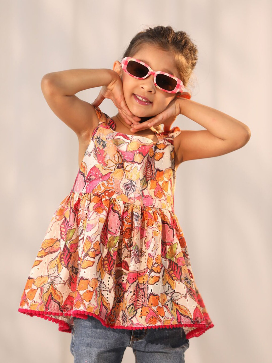 

VASTRAMAY Girls Floral Printed Shoulder Straps Cotton Tunic, Peach