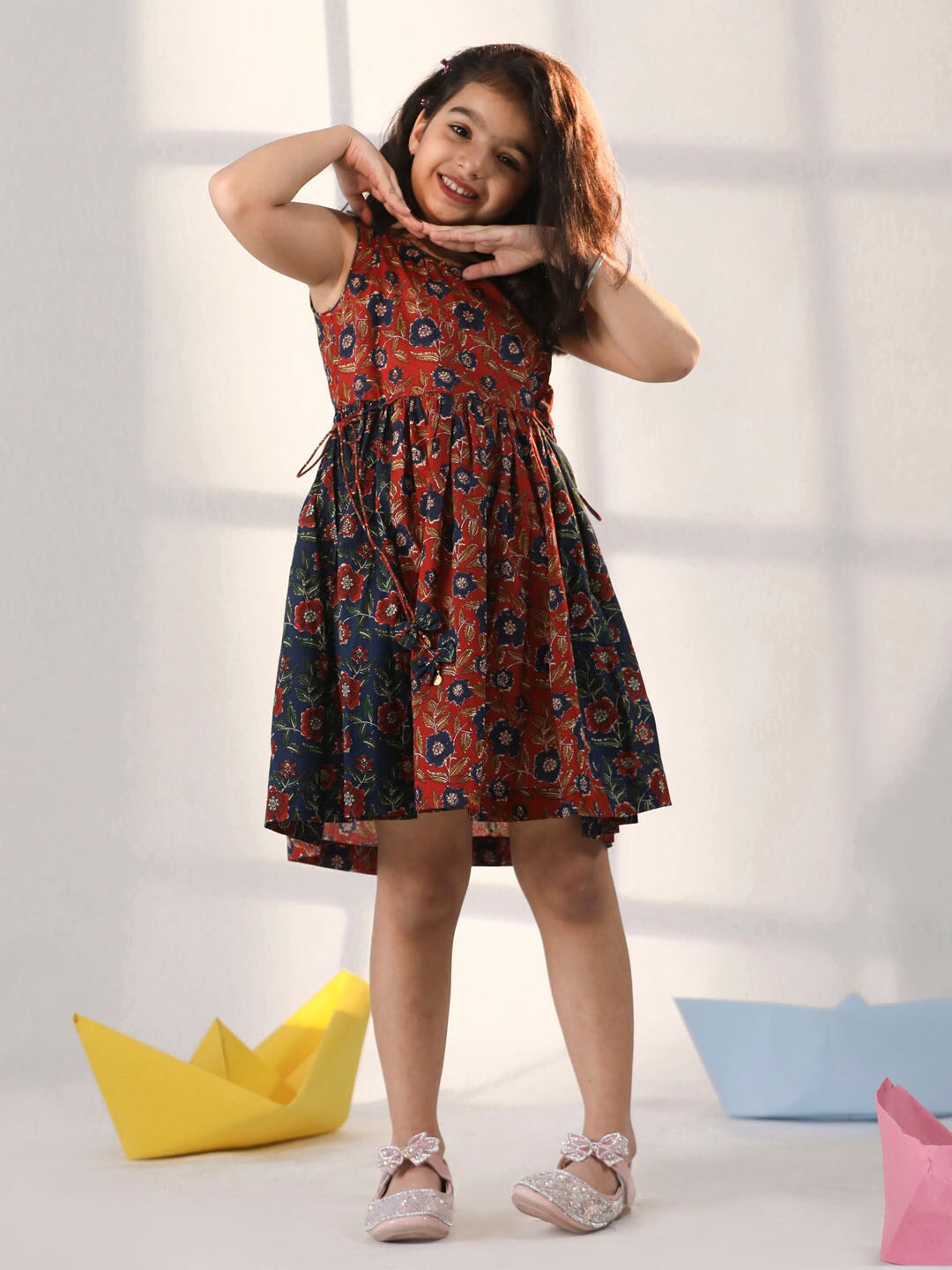 

VASTRAMAY Girls Floral Printed Sleeveless Cotton Fit & Flare Dress, Rust