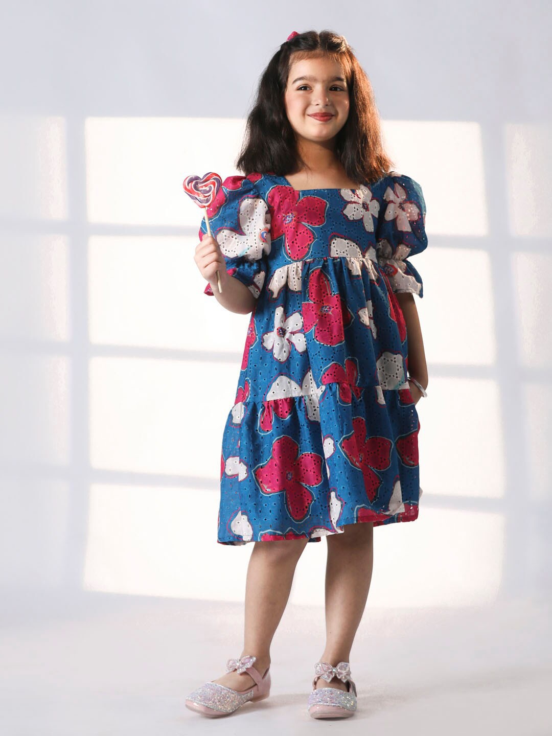 

VASTRAMAY Girls Floral Printed Fit And Flare Cotton Dress, Blue