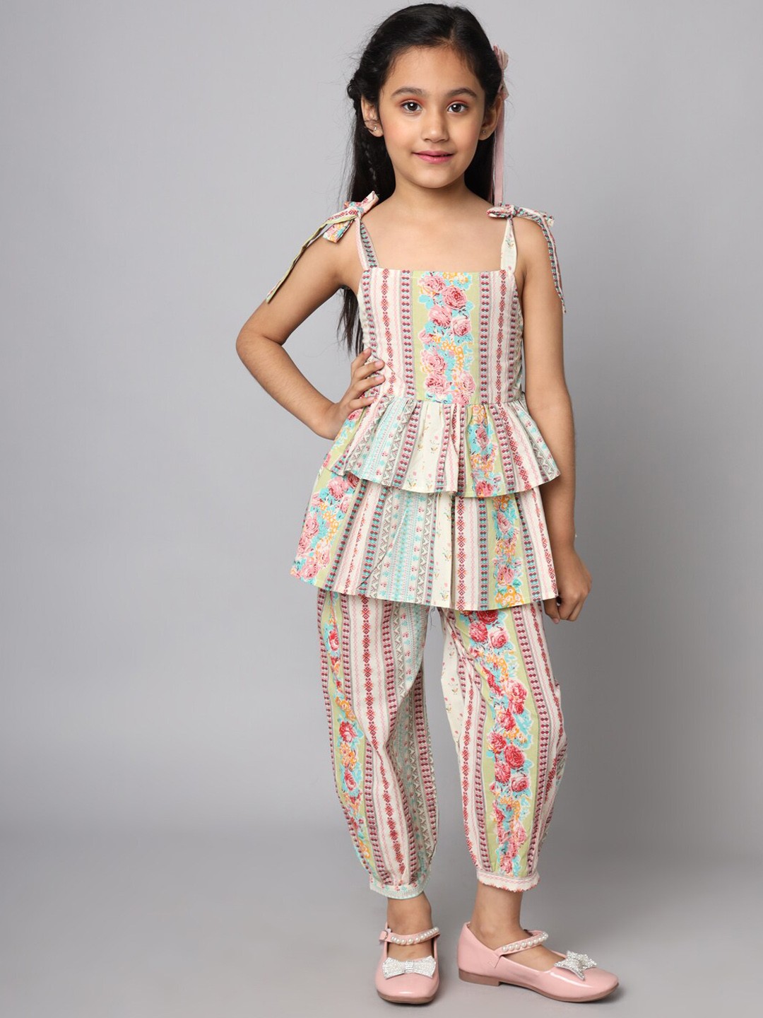 

FABRIC FITOOR Girls Printed Pure Cotton Top & Trouser, Off white