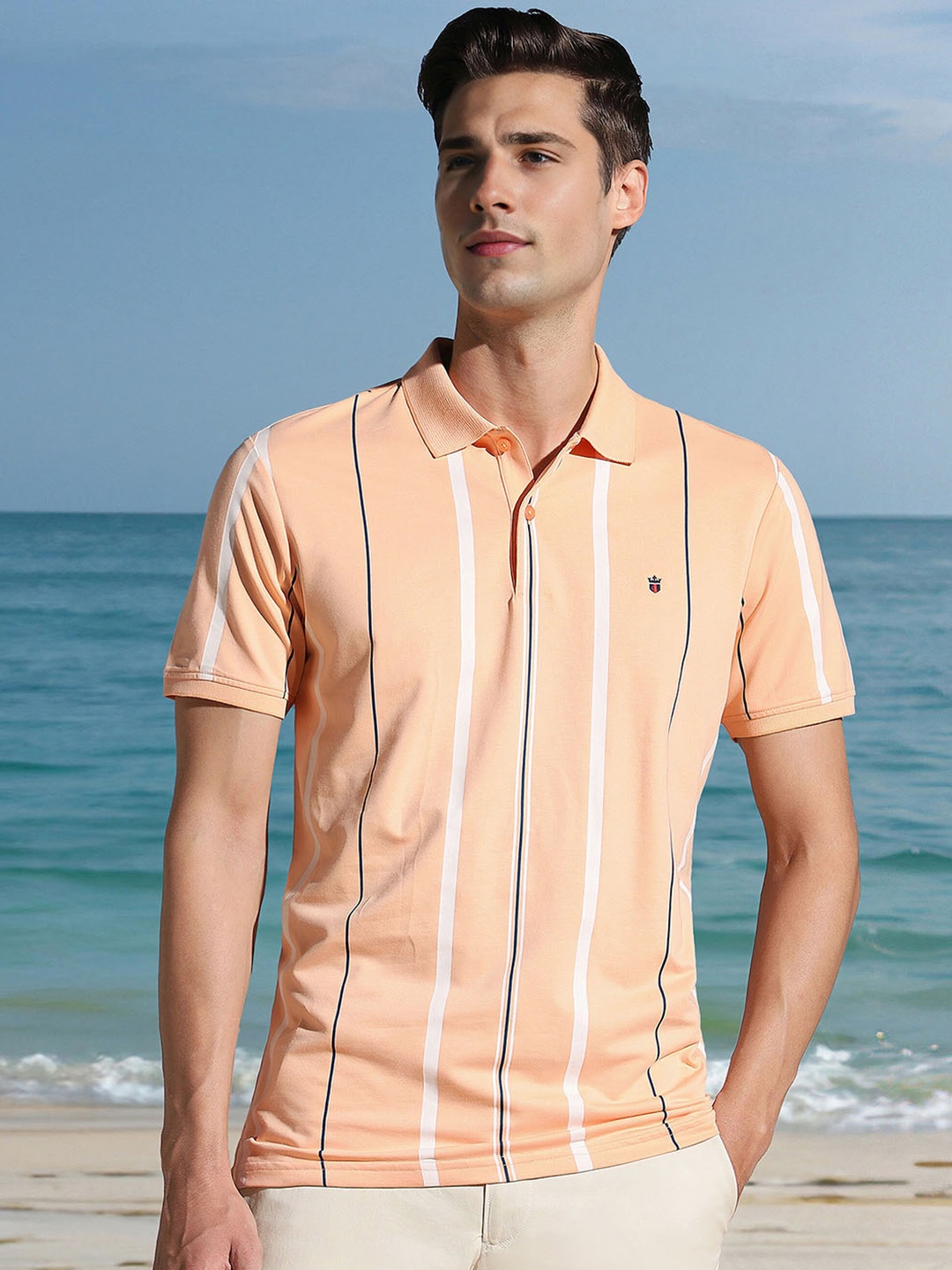 

Louis Philippe Sport Striped Polo Collar Slim Fit Cotton T-shirt, Peach