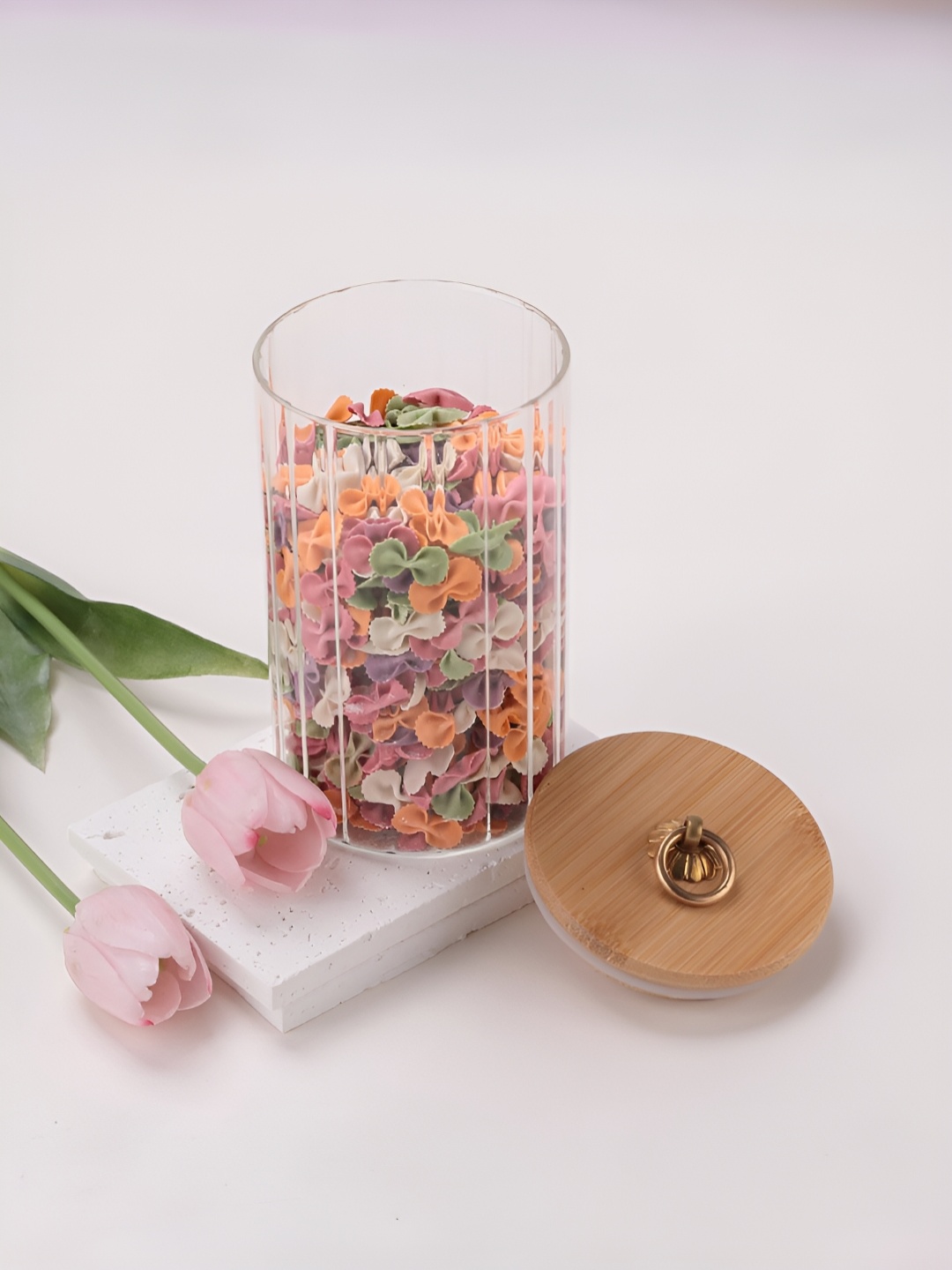 

USHA SHRIRAM Transparent Glass Food Container Jar With Wooden Lid And Metal Loop
