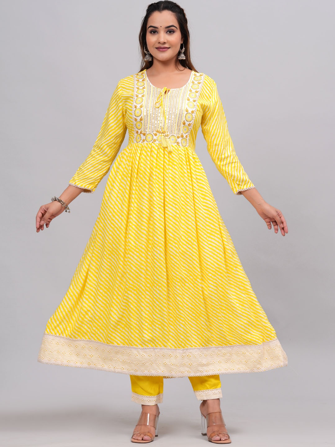 

KALINI Leheriya Printed Regular Tie-Up Neck Anarkali Kurta with Trouser & Dupatta, Yellow