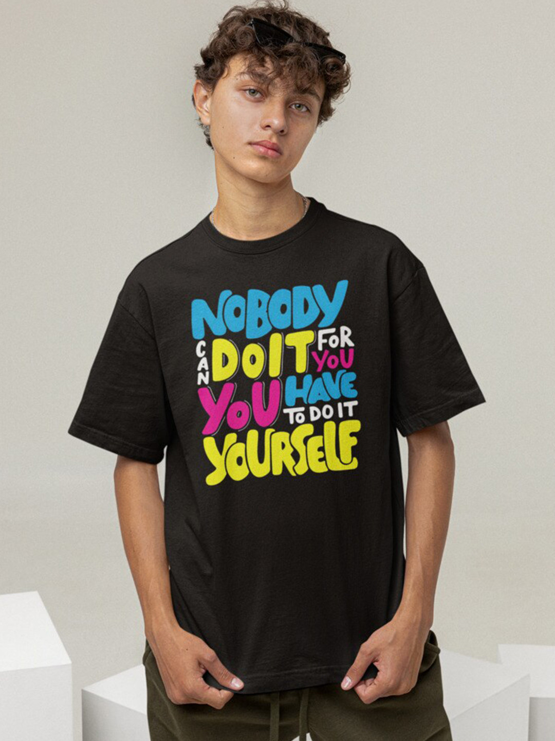 

Calm Down Typography Printed Cotton Round Neck Short Sleeves Oversized Pockets T-shirt, Black