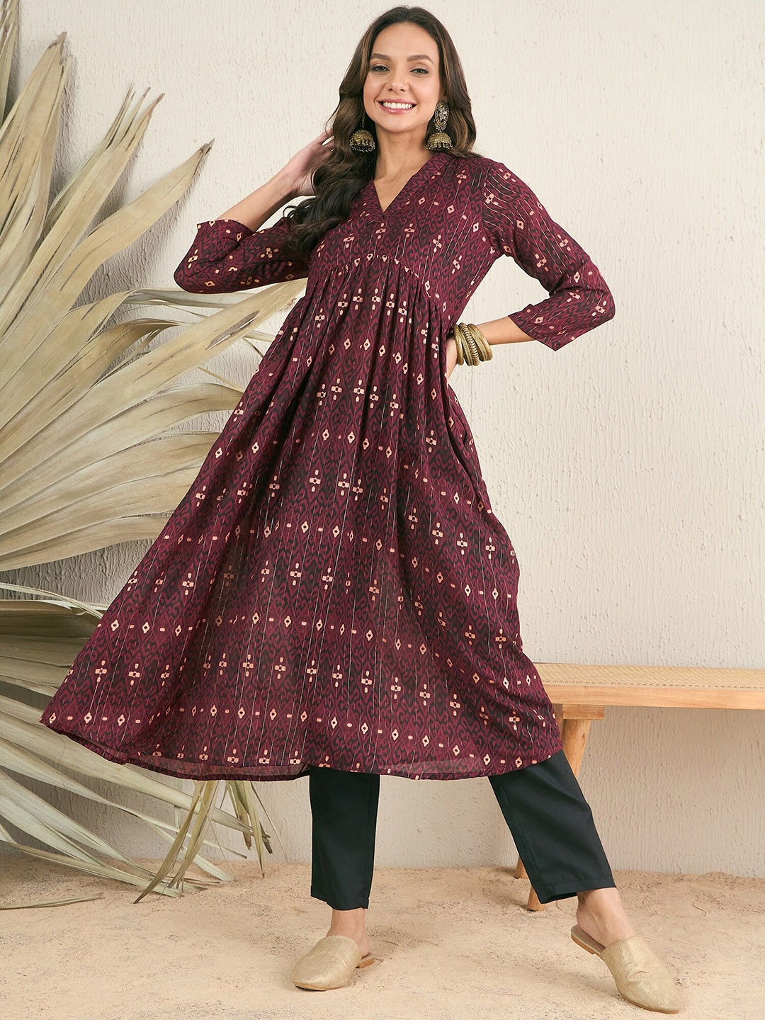 

MASSTANI BY INDDUS Ethnic Woven Design Pleated Pure Cotton A-Line Kurta With Trousers, Maroon