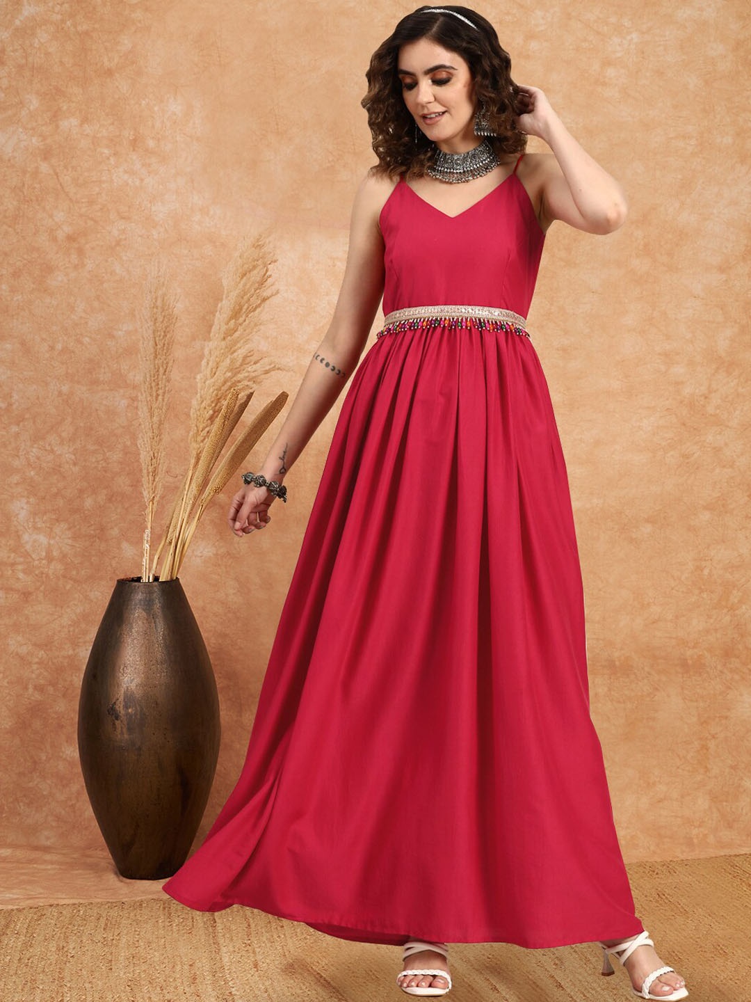 

MASSTANI BY INDDUS V-Neck Fit & Flared Maxi Ethnic Dress With Embellished Belt, Magenta