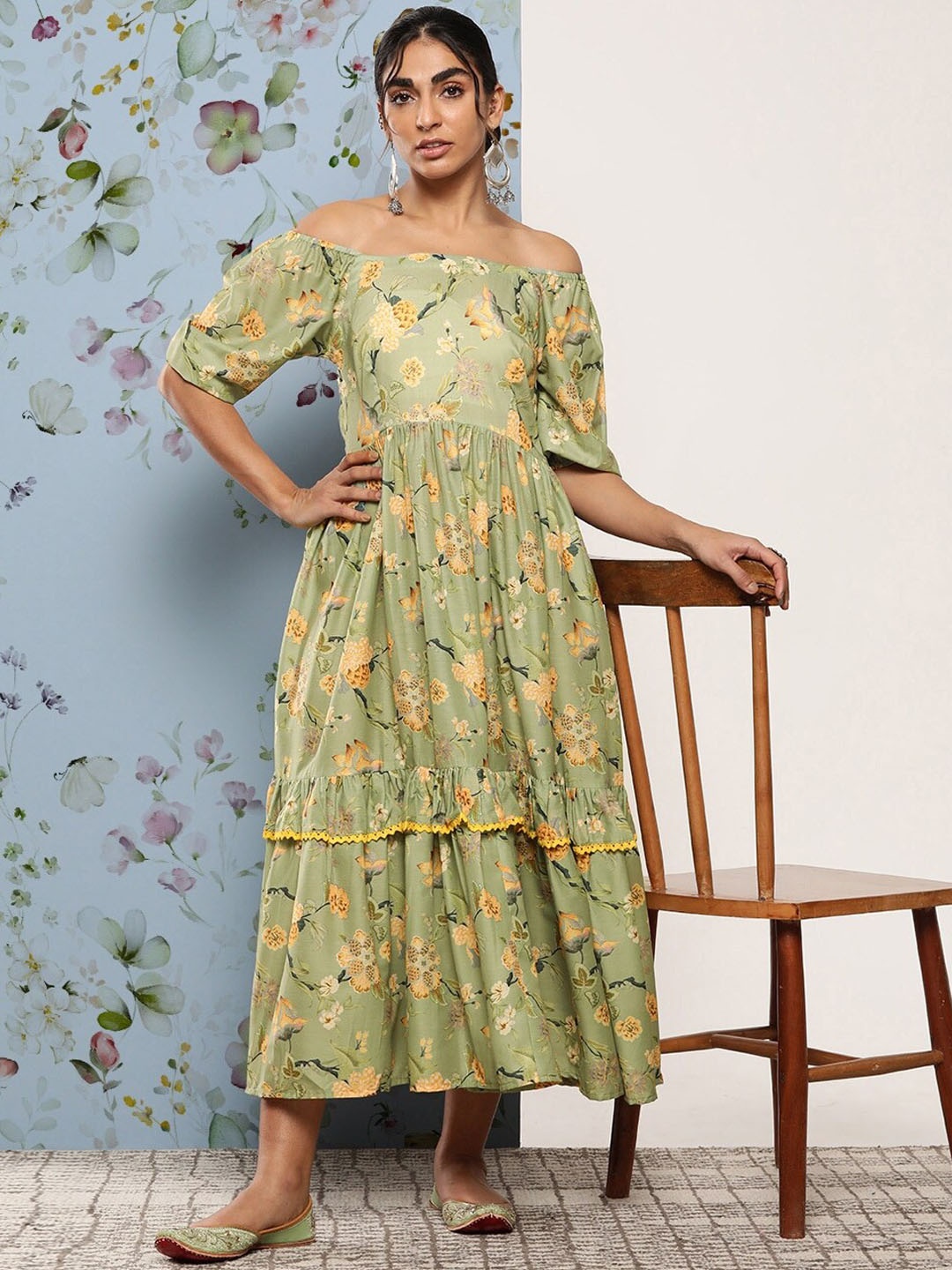 

MASSTANI BY INDDUS Printed Fit & Flared Ethnic Dress, Green
