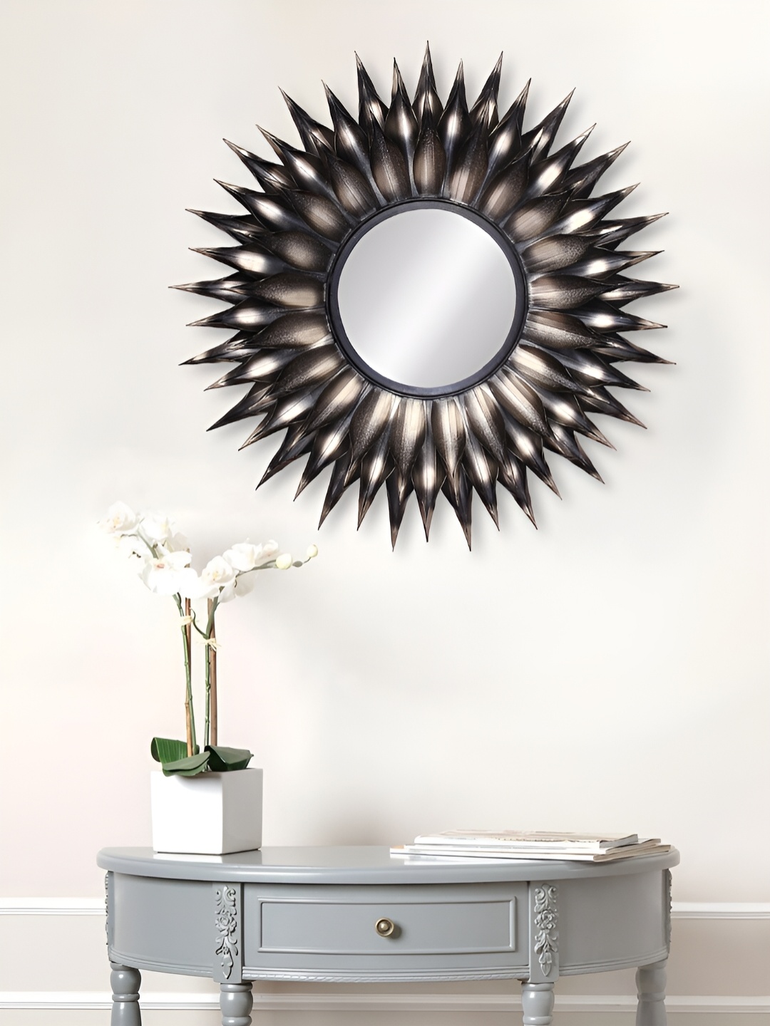

Craft Smith Black Leaves Patterned Metallic Framed Round Wall Mirror