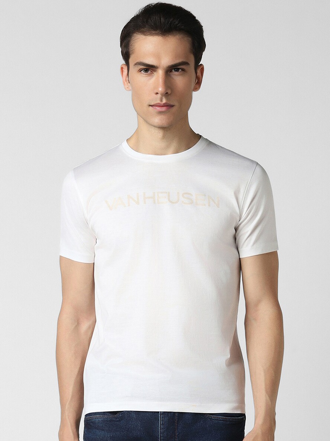 

V Dot Typography Printed Round Neck Cotton Slim Fit T-shirt, White