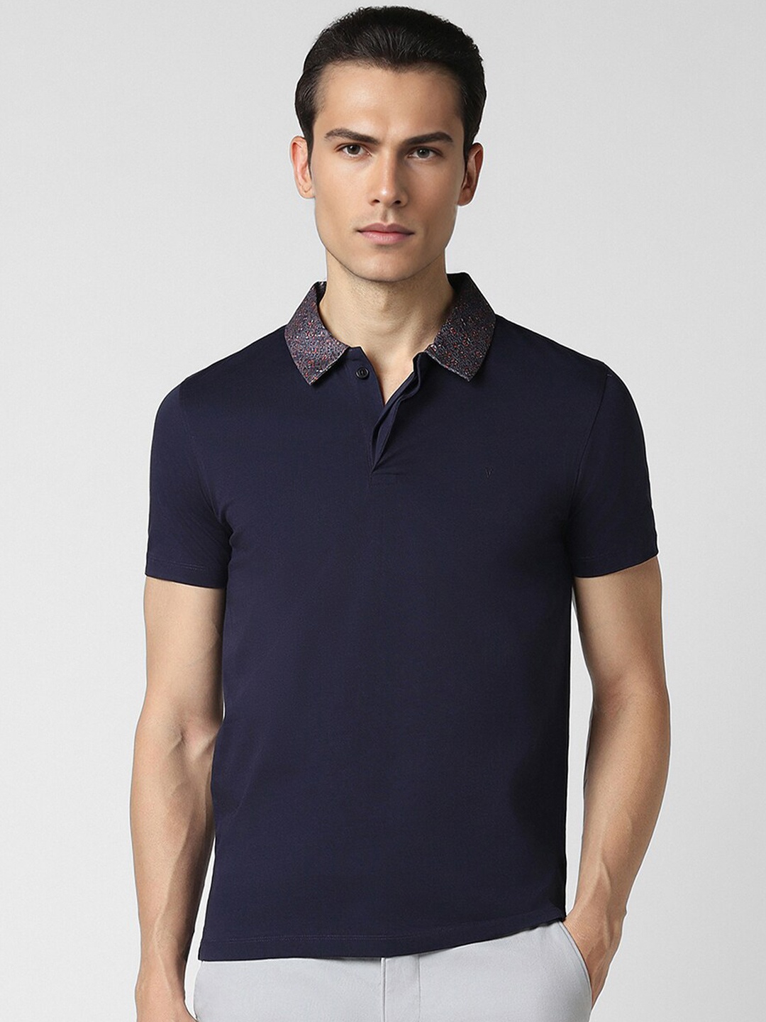 

V Dot Polo Collar Cotton Slim Fit T-shirt, Navy blue