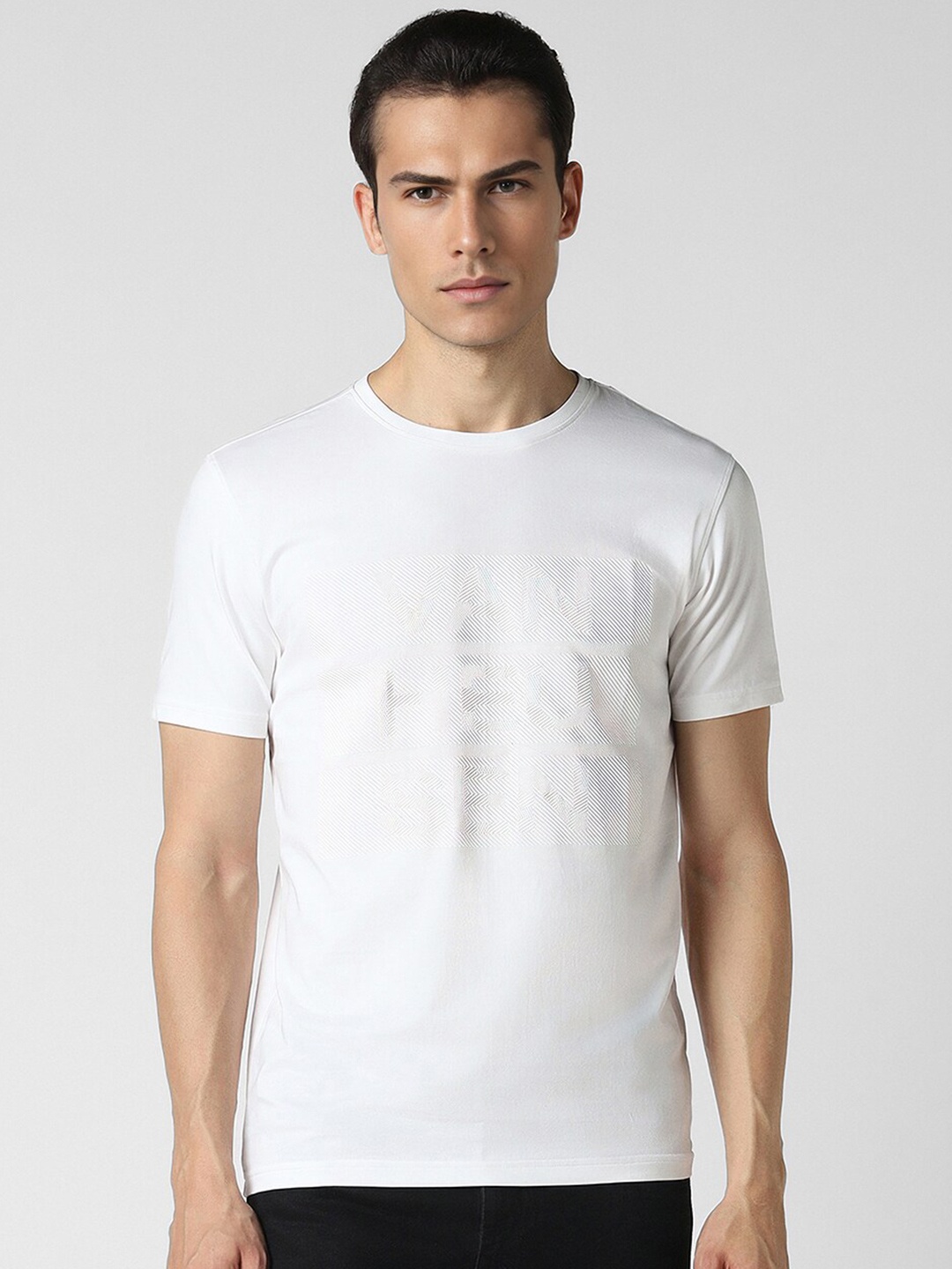 

V Dot Typography Printed Round Neck Slim Fit T-shirt, White