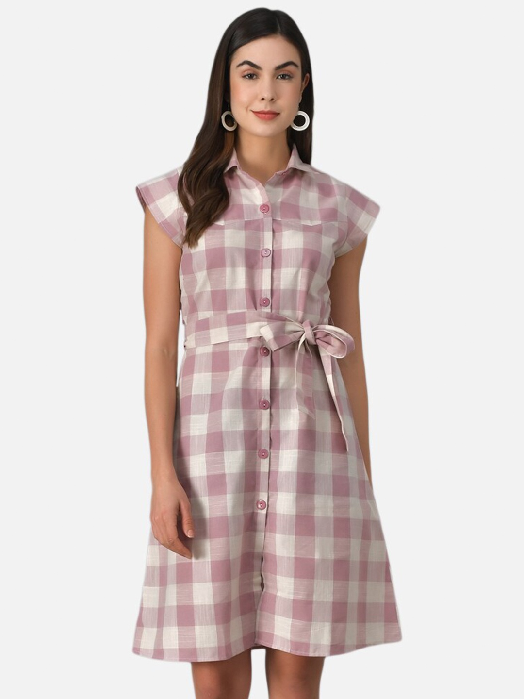 

Purple State Checked Cap Sleeves Cotton Shirt Dress, Pink