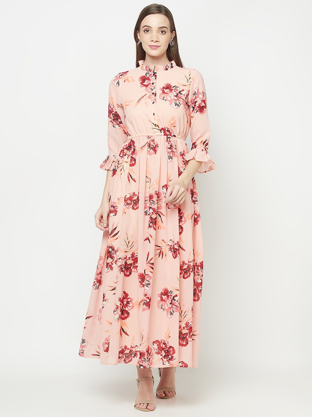 

Purple State Floral Print Round Neck Bell Sleeves Georgette Maxi Dress, Peach