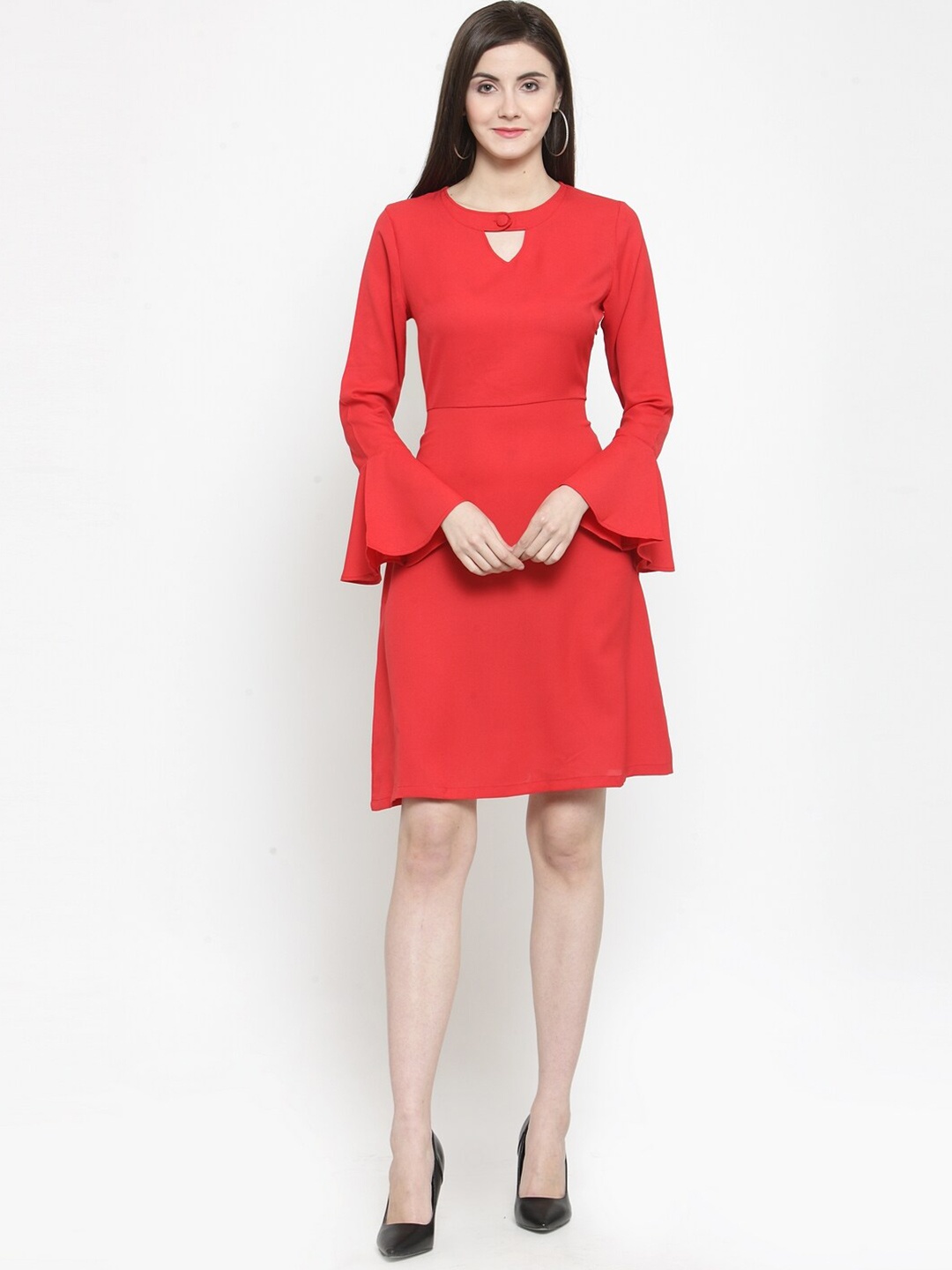 

Purple State Keyhole Neck Bell Sleeves Fit & Flare Dress, Red