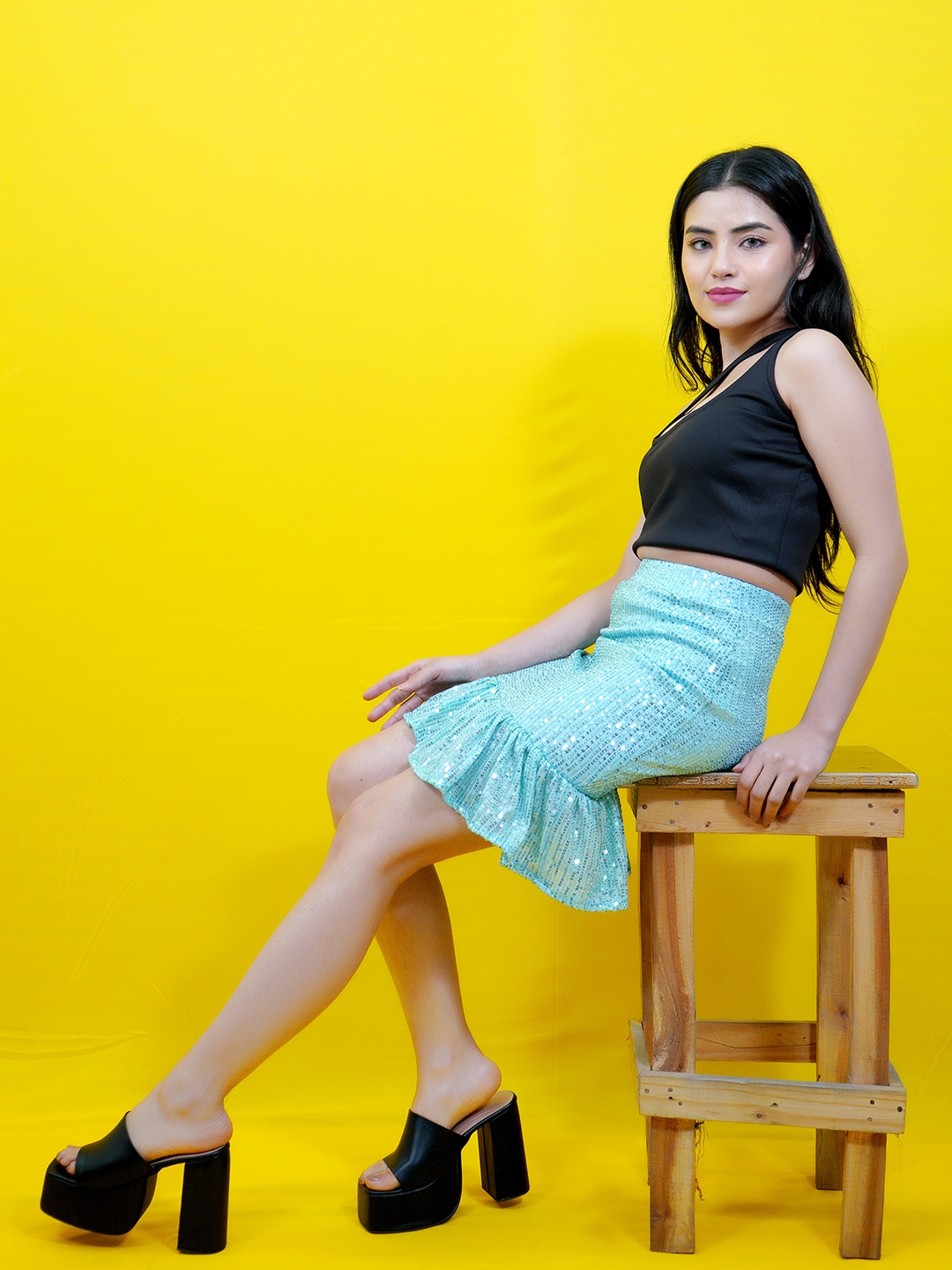 

CRAZEVILLA Sequinned Embellished Party Peplum Skirt, Sea green