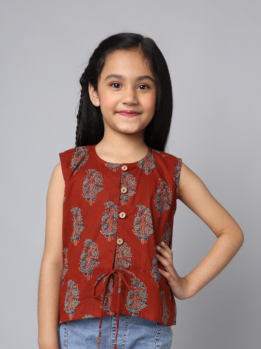 

FABRIC FITOOR Round Neck Sleeveless Ethnic Printed Cotton Waist Tie-Ups Top, Maroon