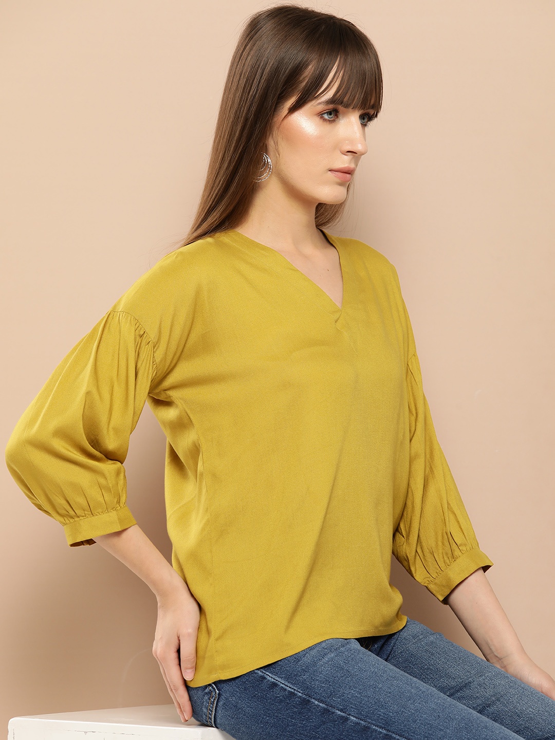 

Chemistry Solid Gathered-Detail V-Neck Top, Mustard