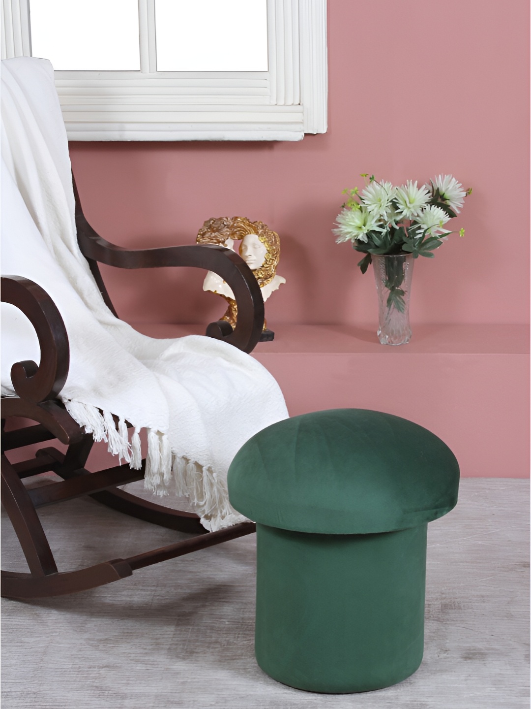 

Shadowkart Green Textured Wooden & Velvet Ottoman Pouffe