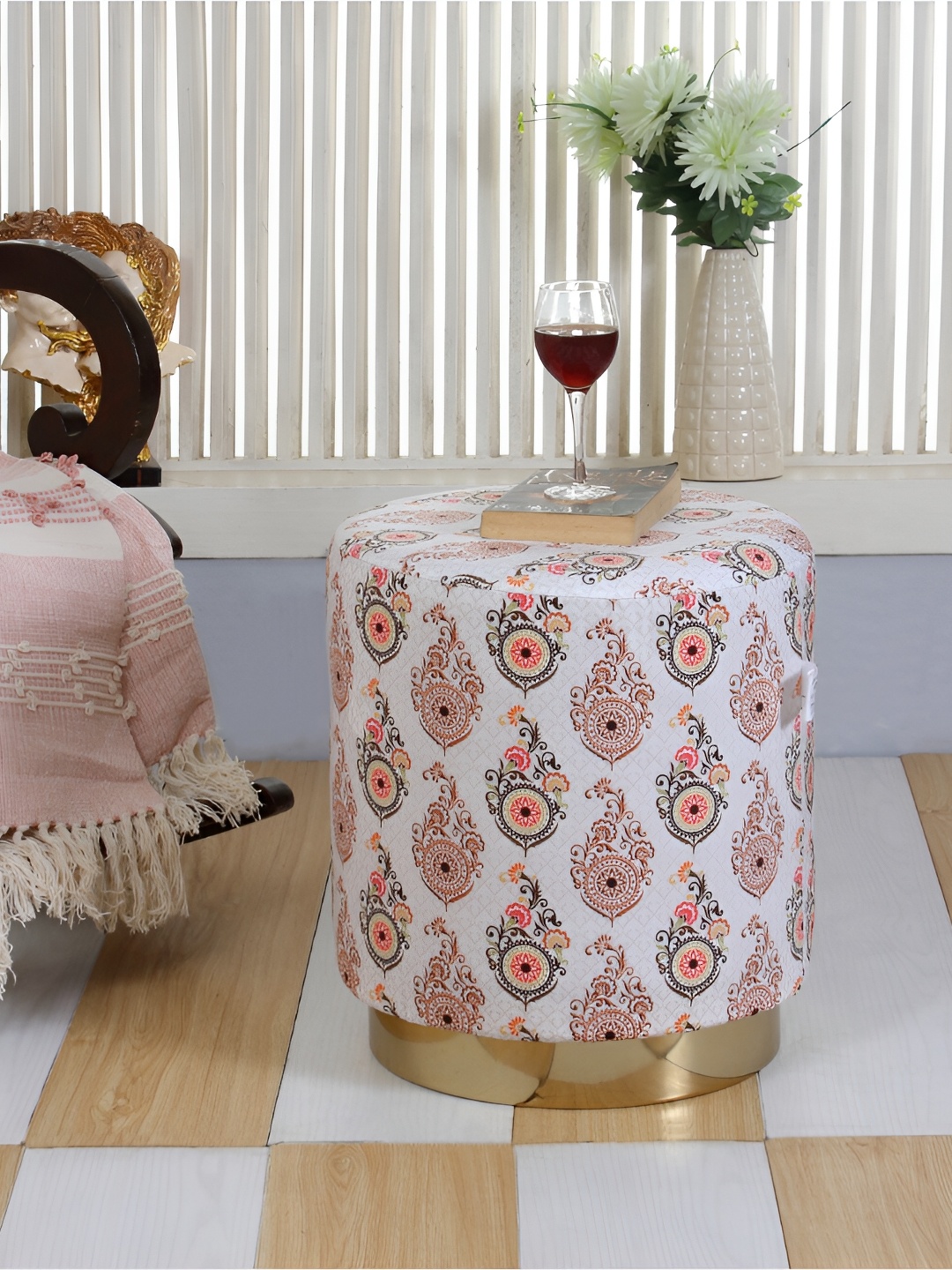 

Shadowkart White & Orange-Colored Printed Wooden & Velvet Round Ottoman