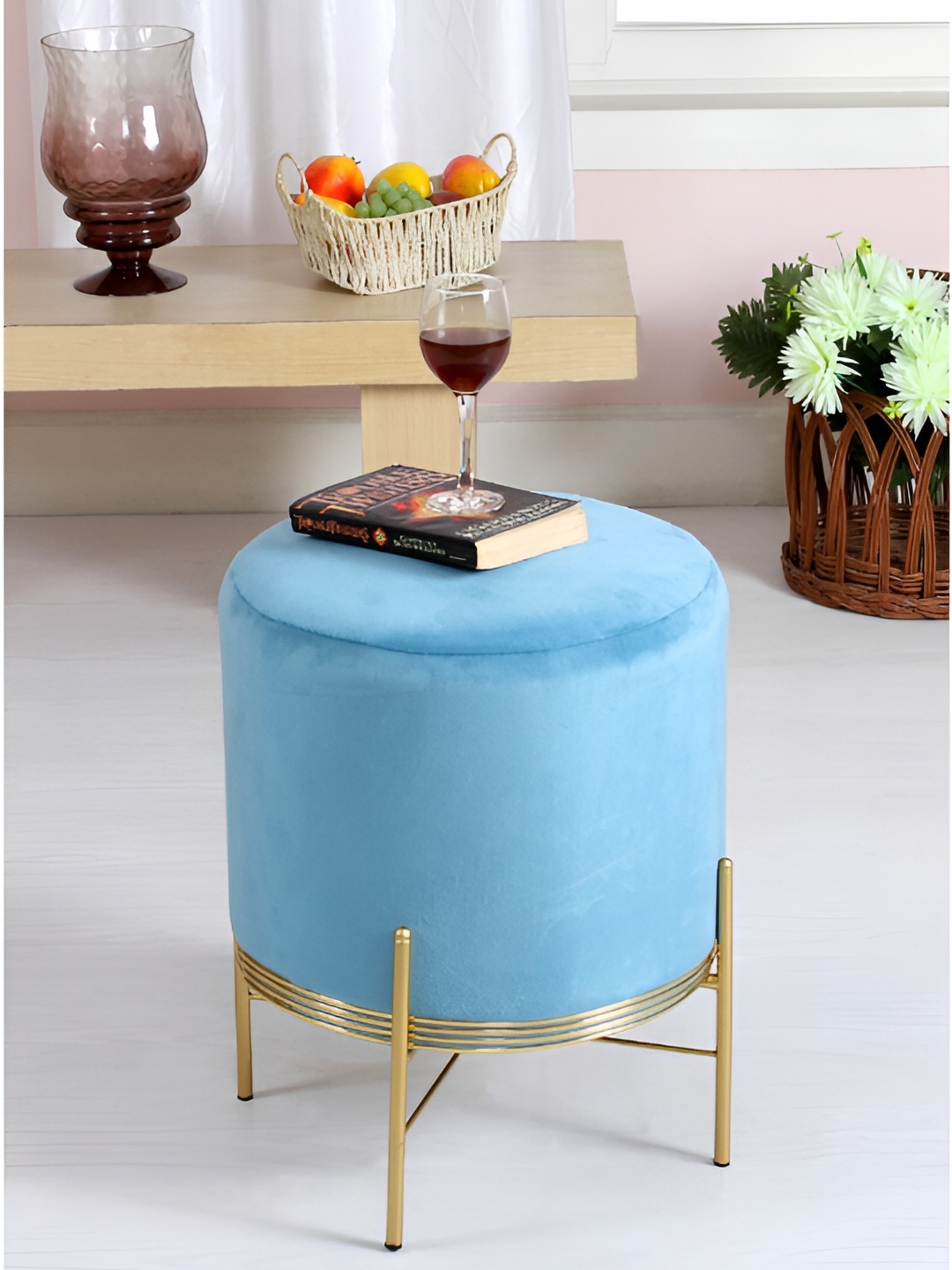 

Shadowkart Blue Wooden Pouffes Sitting Mudda Ottoman