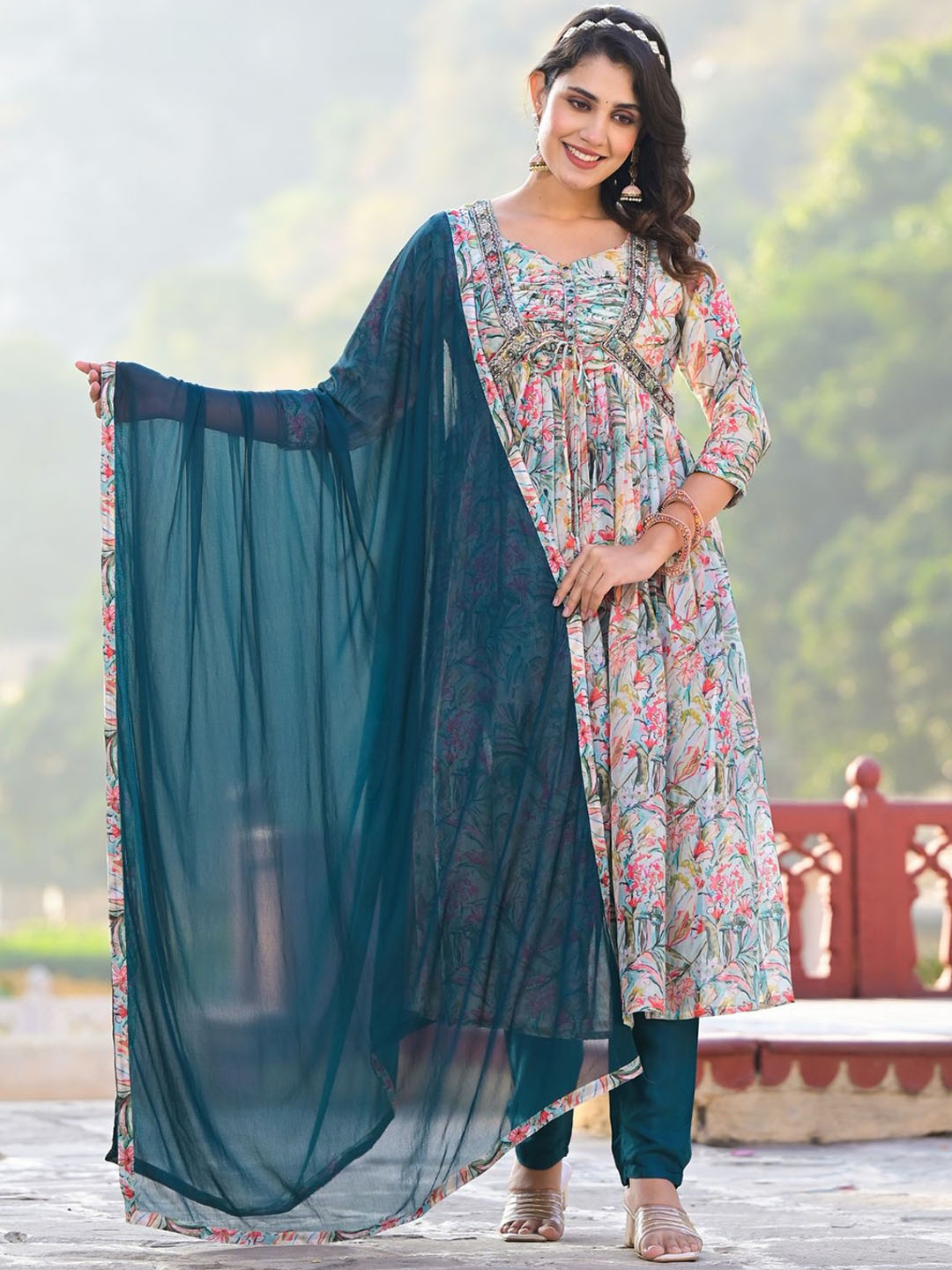 

ODETTE Floral Printed Pleated Georgette Anarkali Kurta With Trousers & Dupatta, Pink