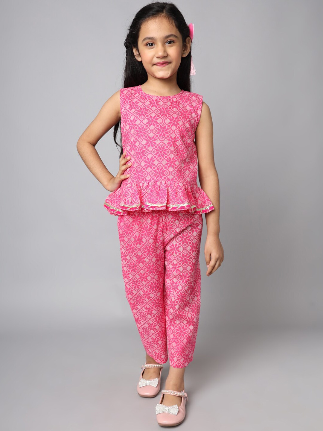 

FABRIC FITOOR Printed Pure Cotton Top With Trousers Clothing Set, Pink