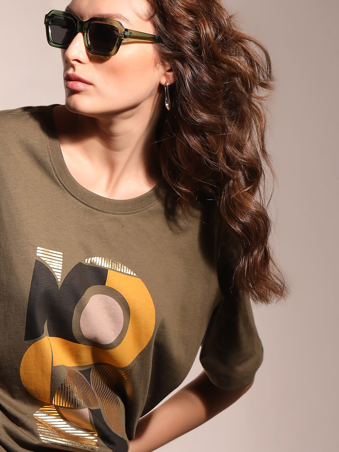 

Vero Moda Round Neck Short Sleeves Graphic Printed Pure Cotton Cotton Regular Fit T-shirt, Olive