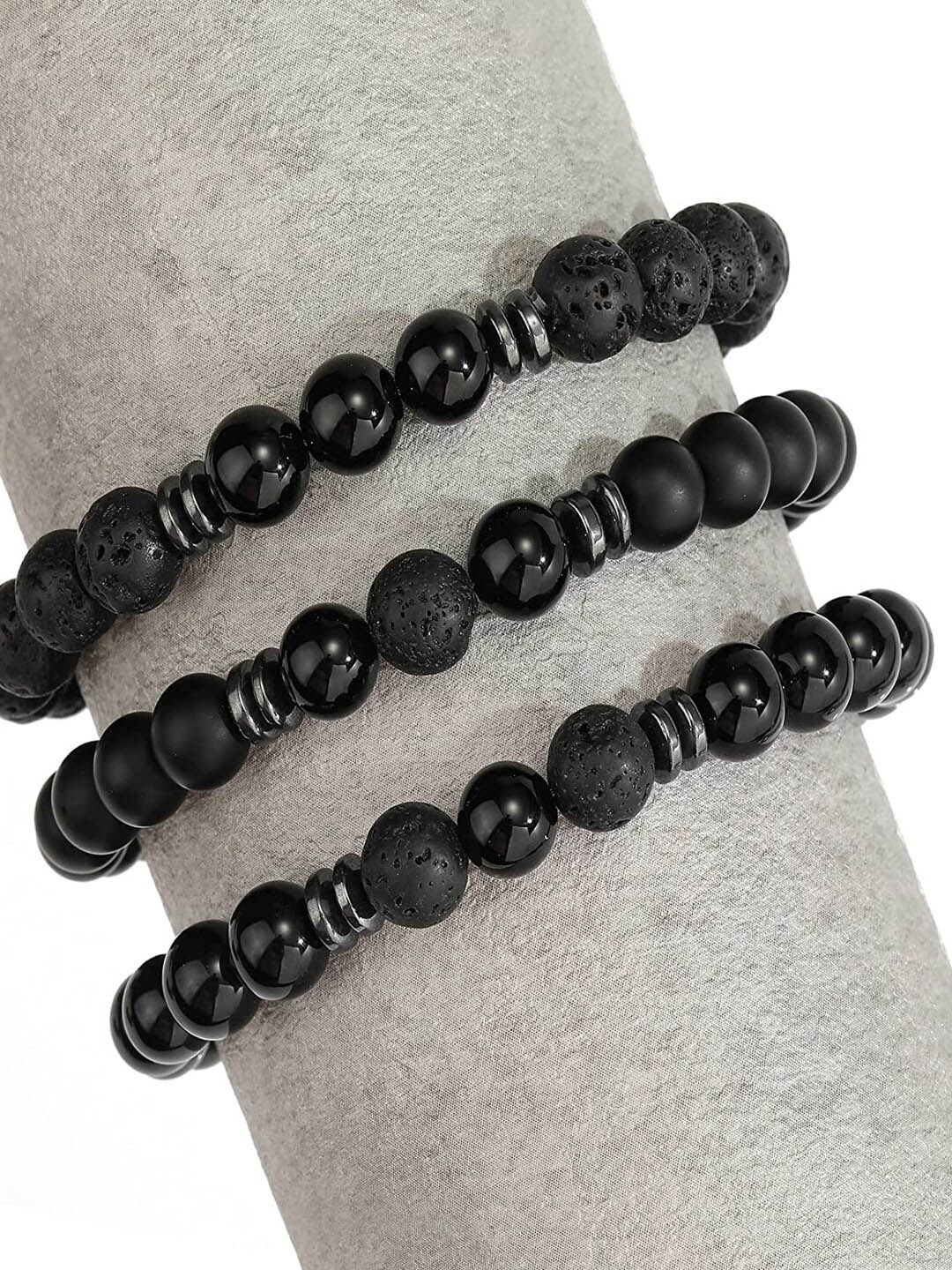

Young & Forever Unisex Set Of 3 Brass Onyx Beaded Elasticated Bracelets, Black