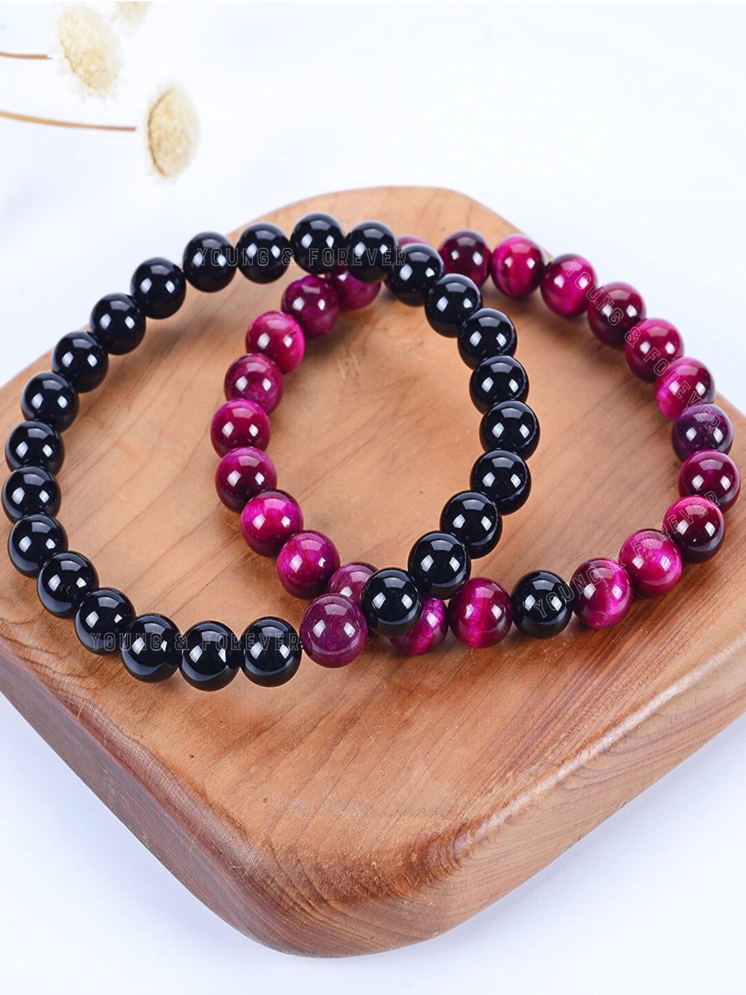 

Young & Forever Unisex 2 Tigers Eye Beaded Bracelets, Black