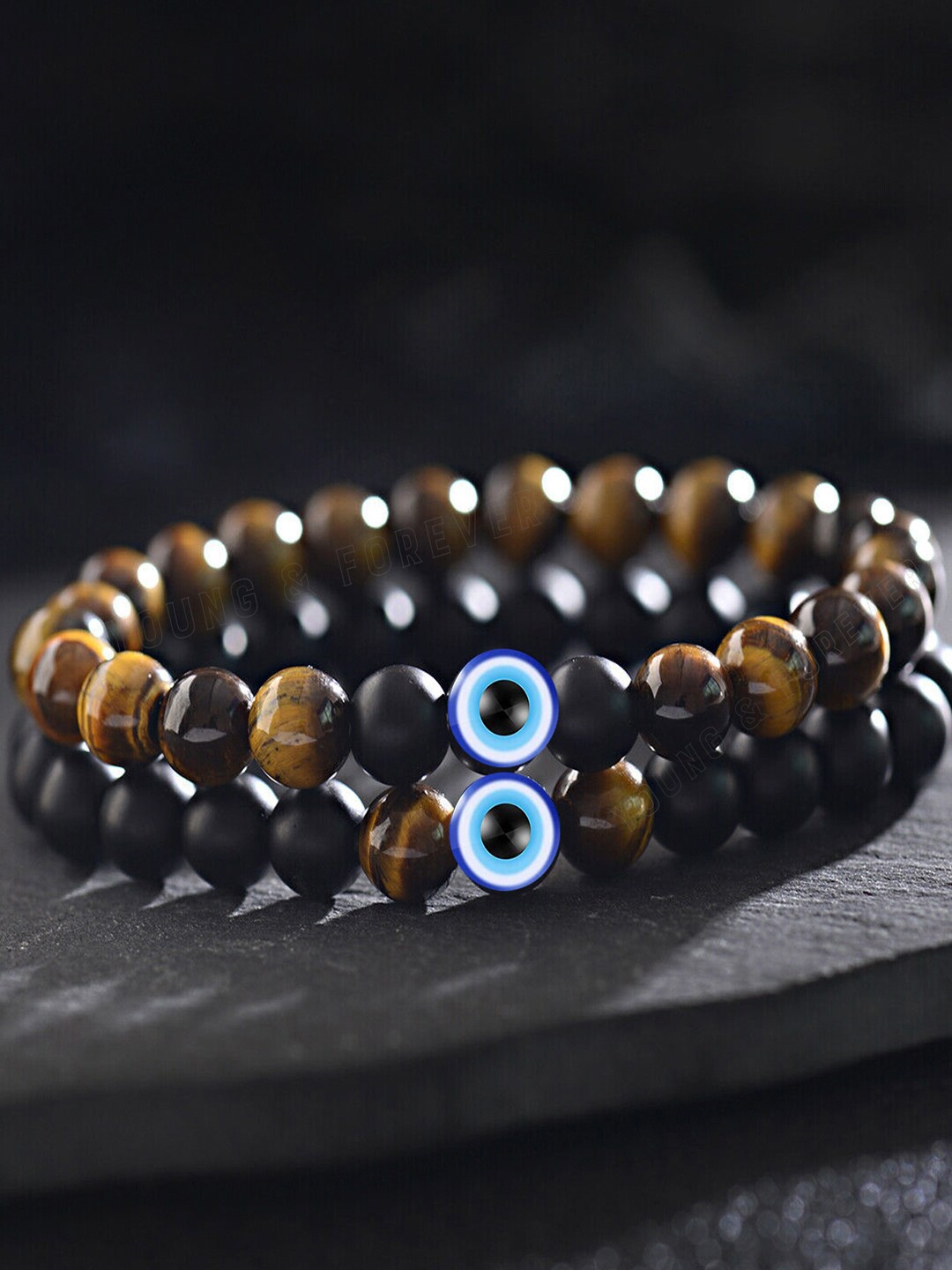 

Young & Forever Unisex 2 Beaded Tigers Eye Bracelets, Black