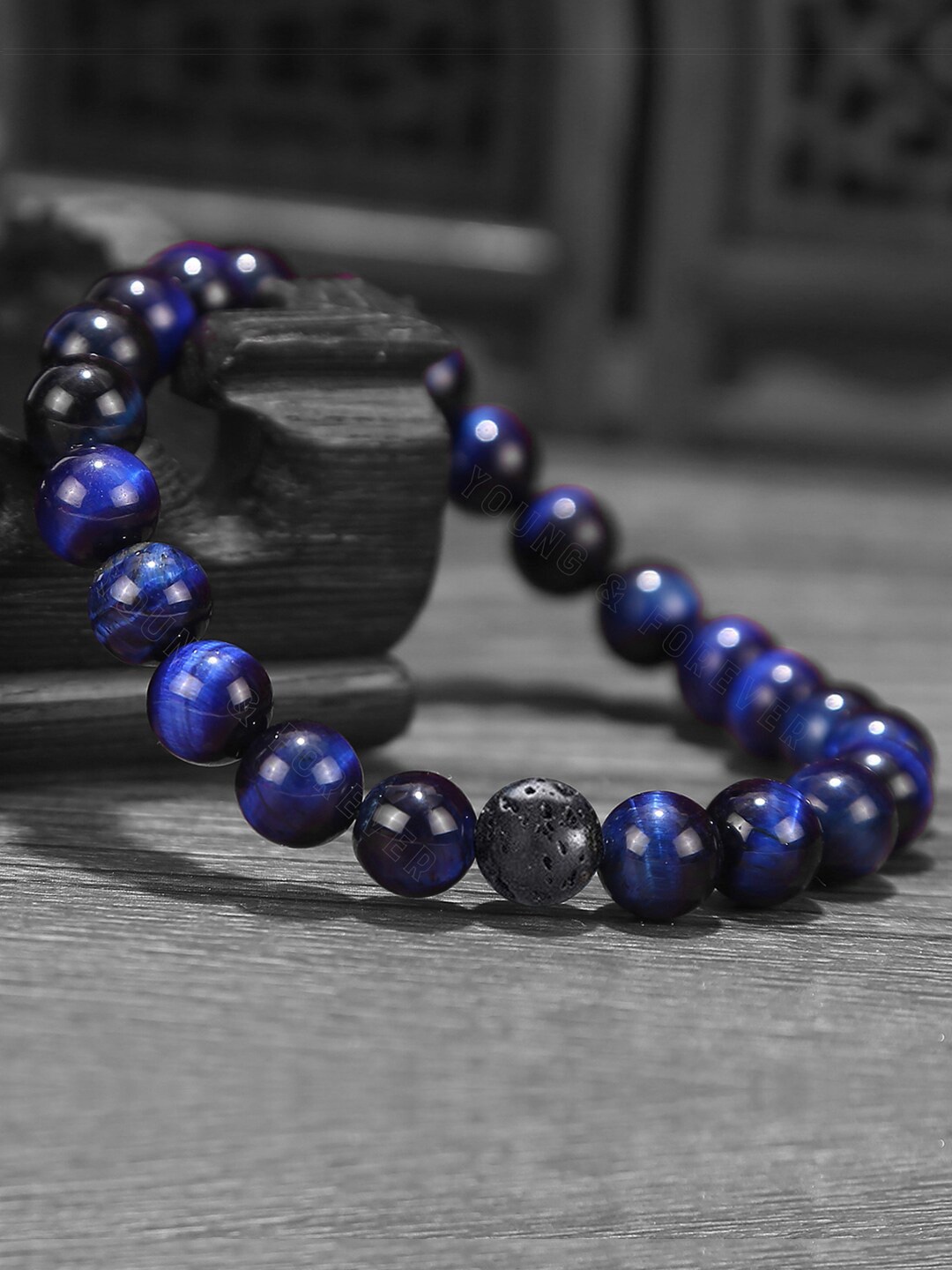 

Young & Forever Unisex Set Of 2 Brass Tigers Eye Elasticated Bracelet, Black