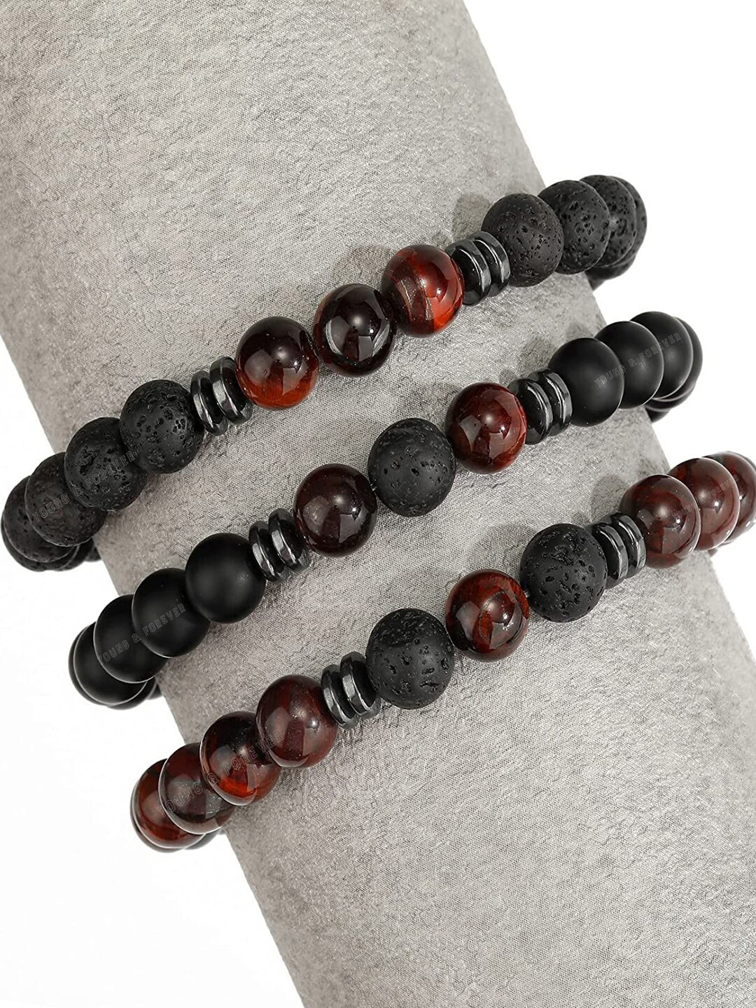 

Young & Forever Unisex Set Of 3 Brass Tigers Eye Onyx Bracelets, Black