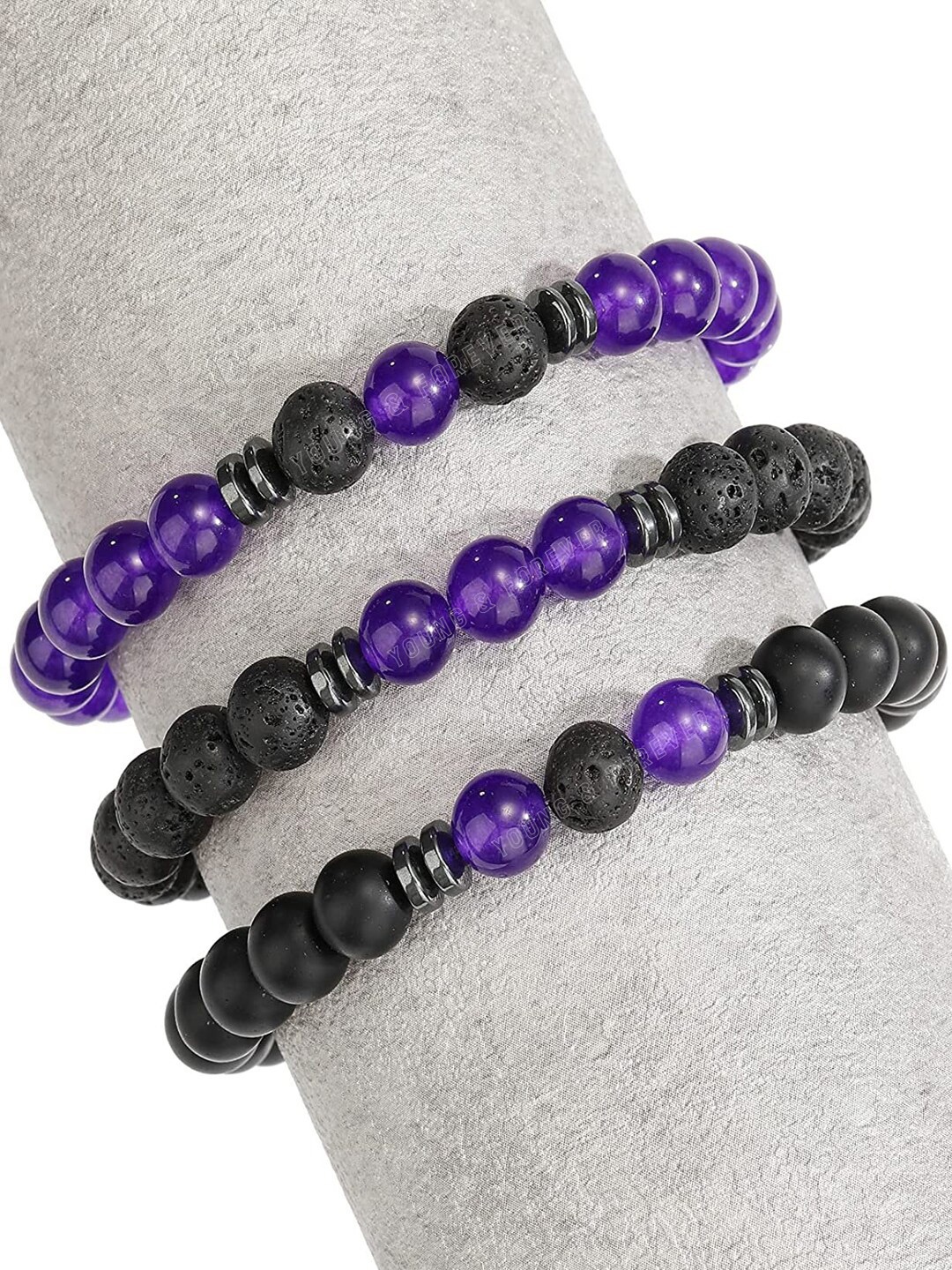 

Young & Forever Unisex Set Of 3 Brass Amethyst Bracelets, Black