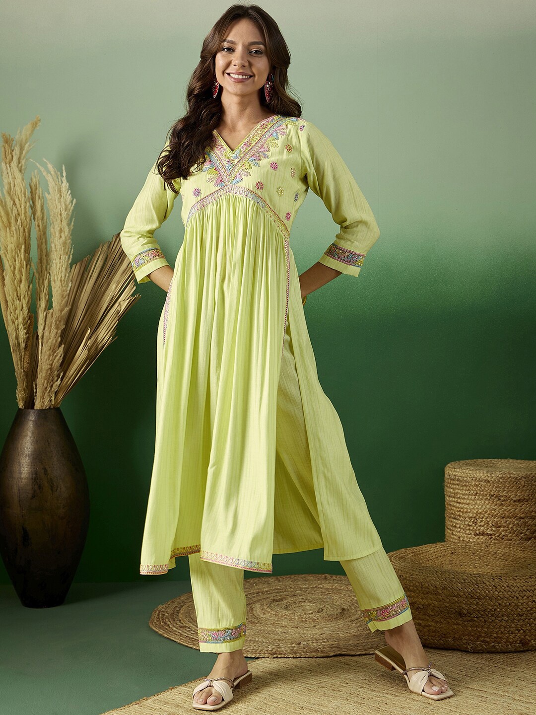 

Sangria Embroidered Sequinned V-Neck A-Line Kurta With Trouser, Yellow