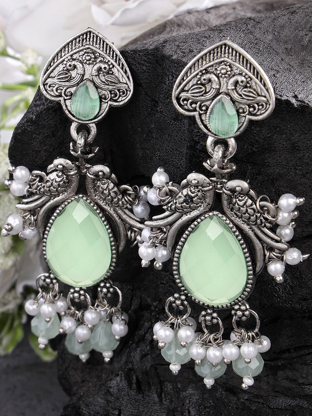 

KARATCART Silver-Plated Kundan Studded Contemporary Drop Earrings, Lime green