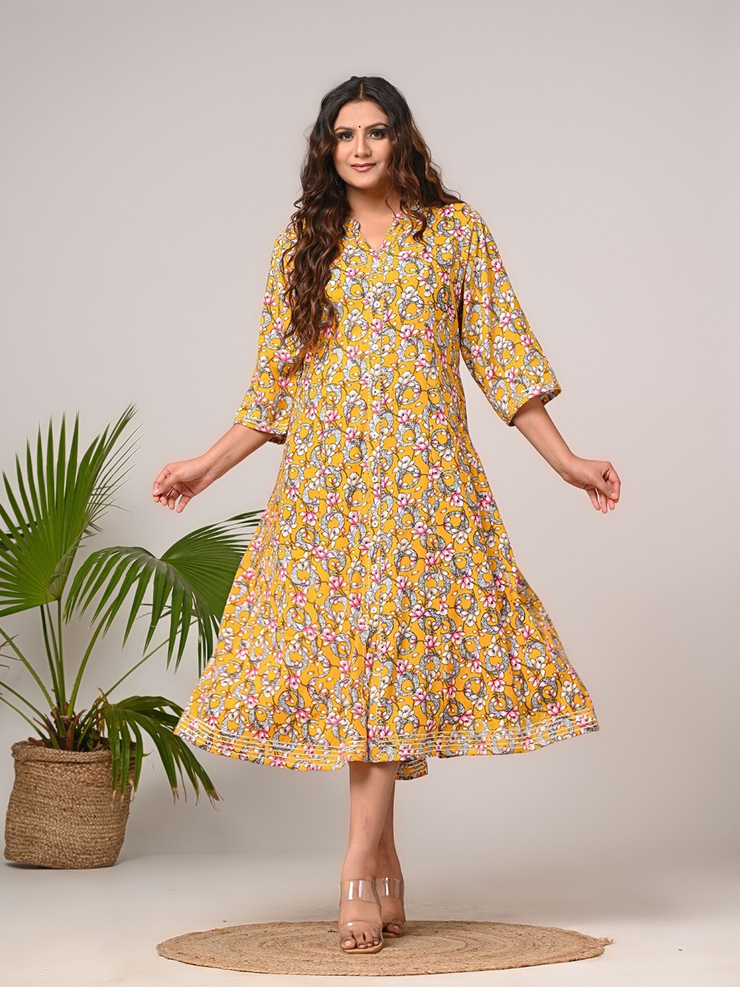 

KALINI Floral Print Mandarin Collar A-Line Midi Dress, Yellow