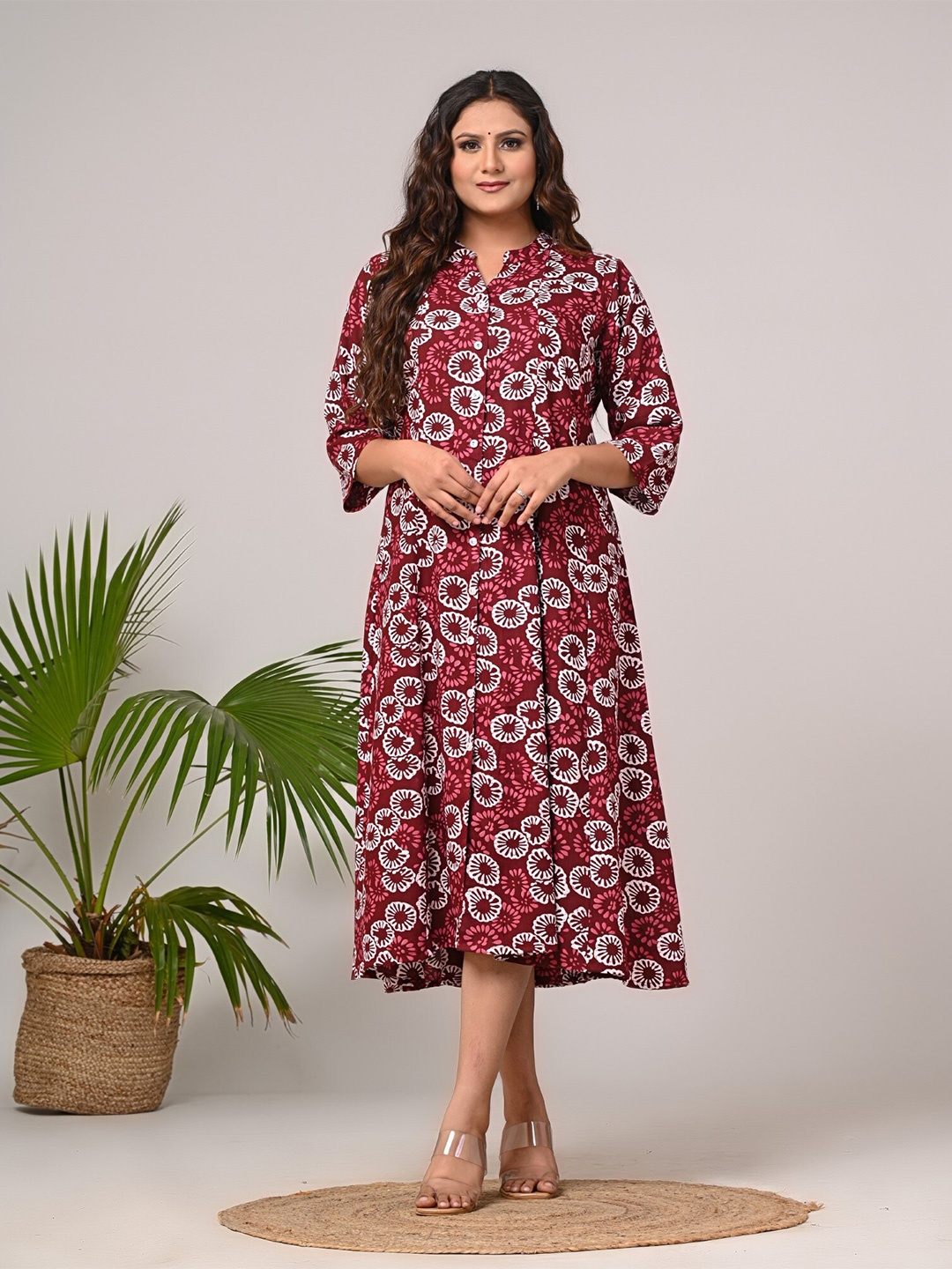 

KALINI Floral Printed Mandarin Collar A-Line Midi Dress, Maroon