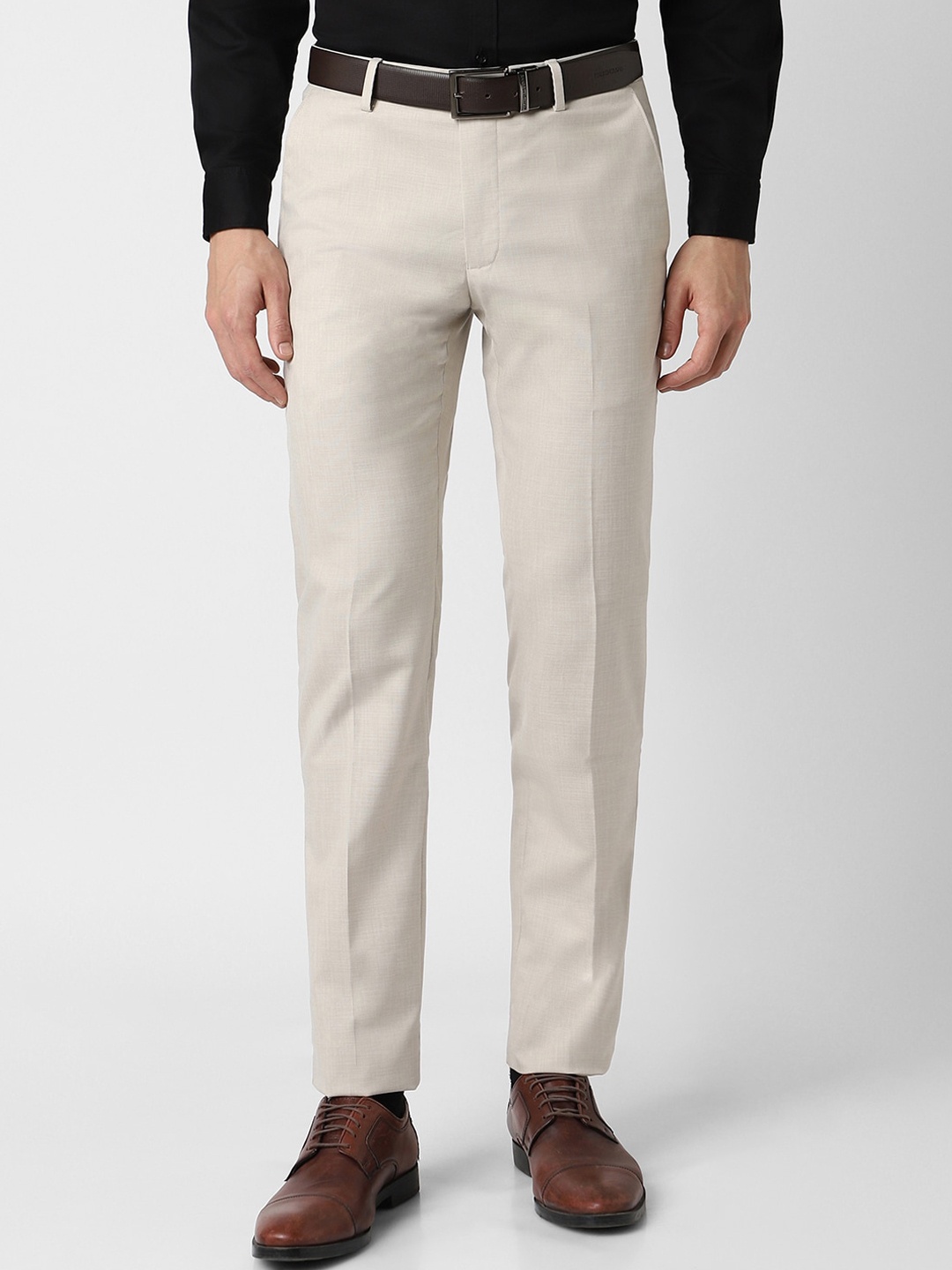 

Peter England Men Slim Fit Mid Rise Formal Trousers, Beige