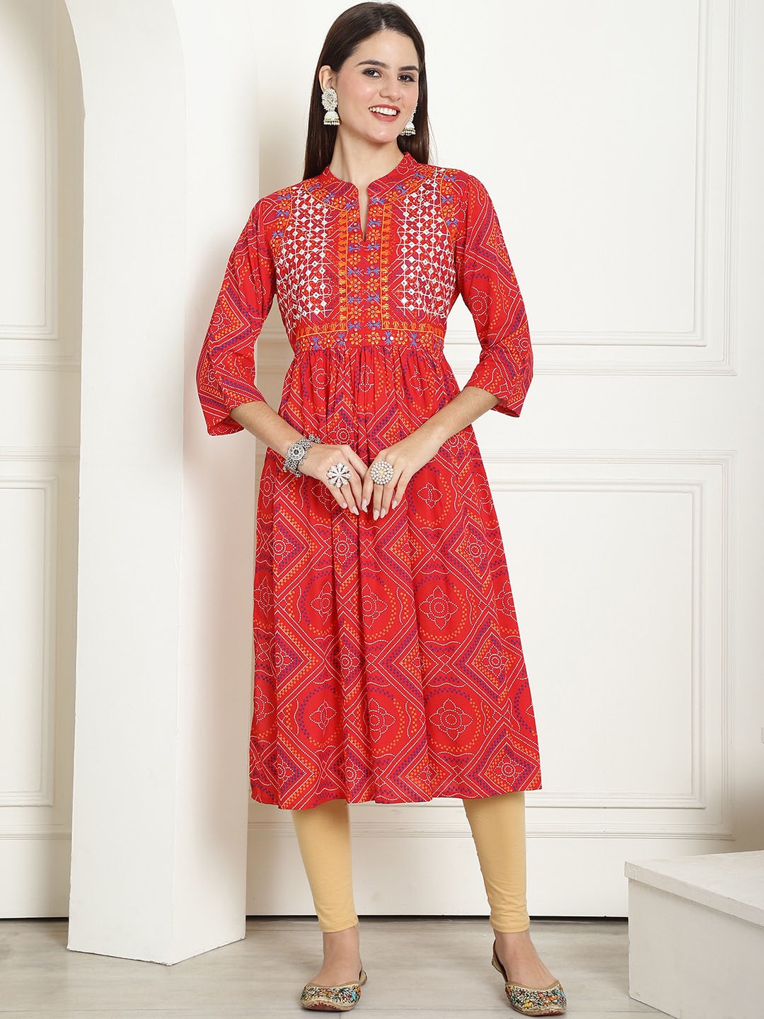 

KALINI Bandhani Printed Mirror Work A-Line Kurta, Red