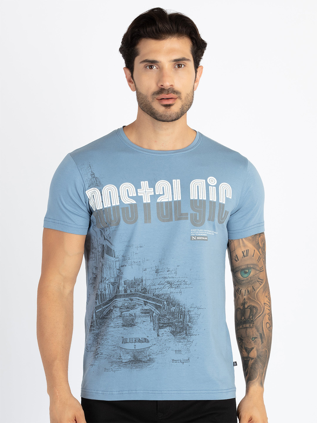 

Status Quo Graphic Printed Round Neck Cotton T-shirt, Blue