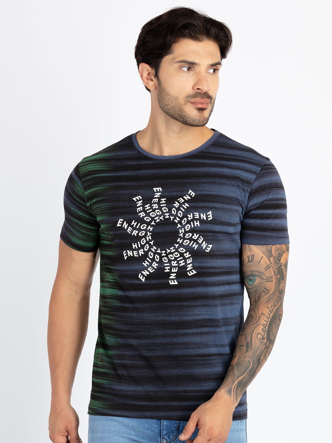 

Status Quo Striped Printed Pure Cotton Casual T-shirt, Green