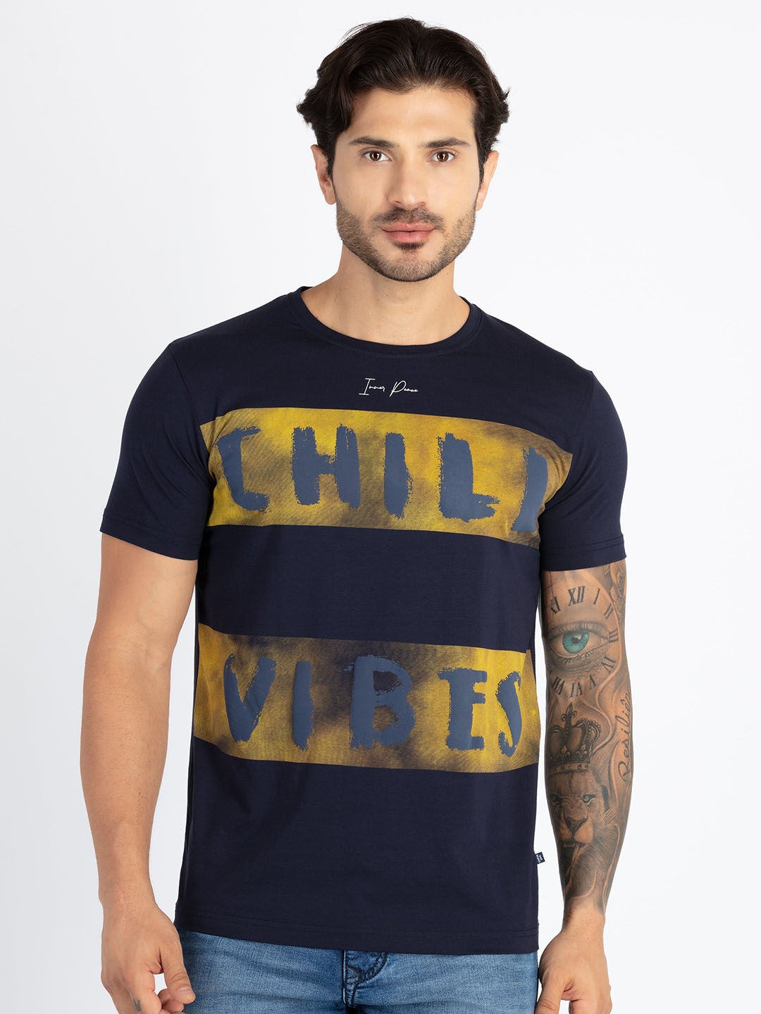 

Status Quo Typography Printed Round Neck Casual T-shirt, Navy blue
