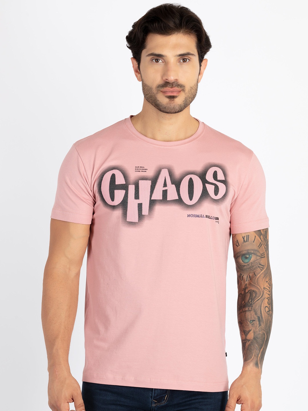 

Status Quo Round Neck Short Sleeves Typography Printed Cotton T-shirt, Rose gold